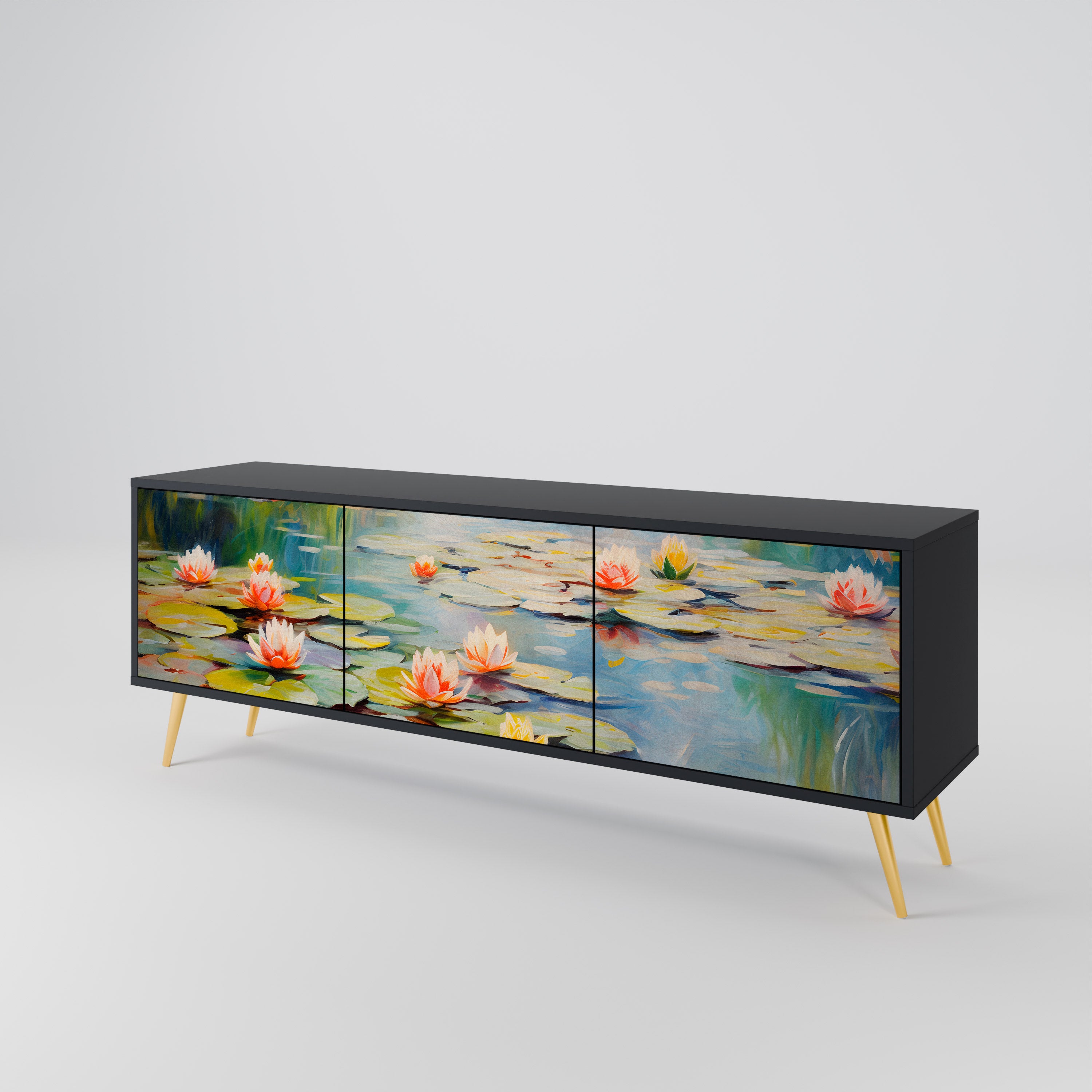 BLOOMING WATERS 3-Door TV Stand in Black Finish