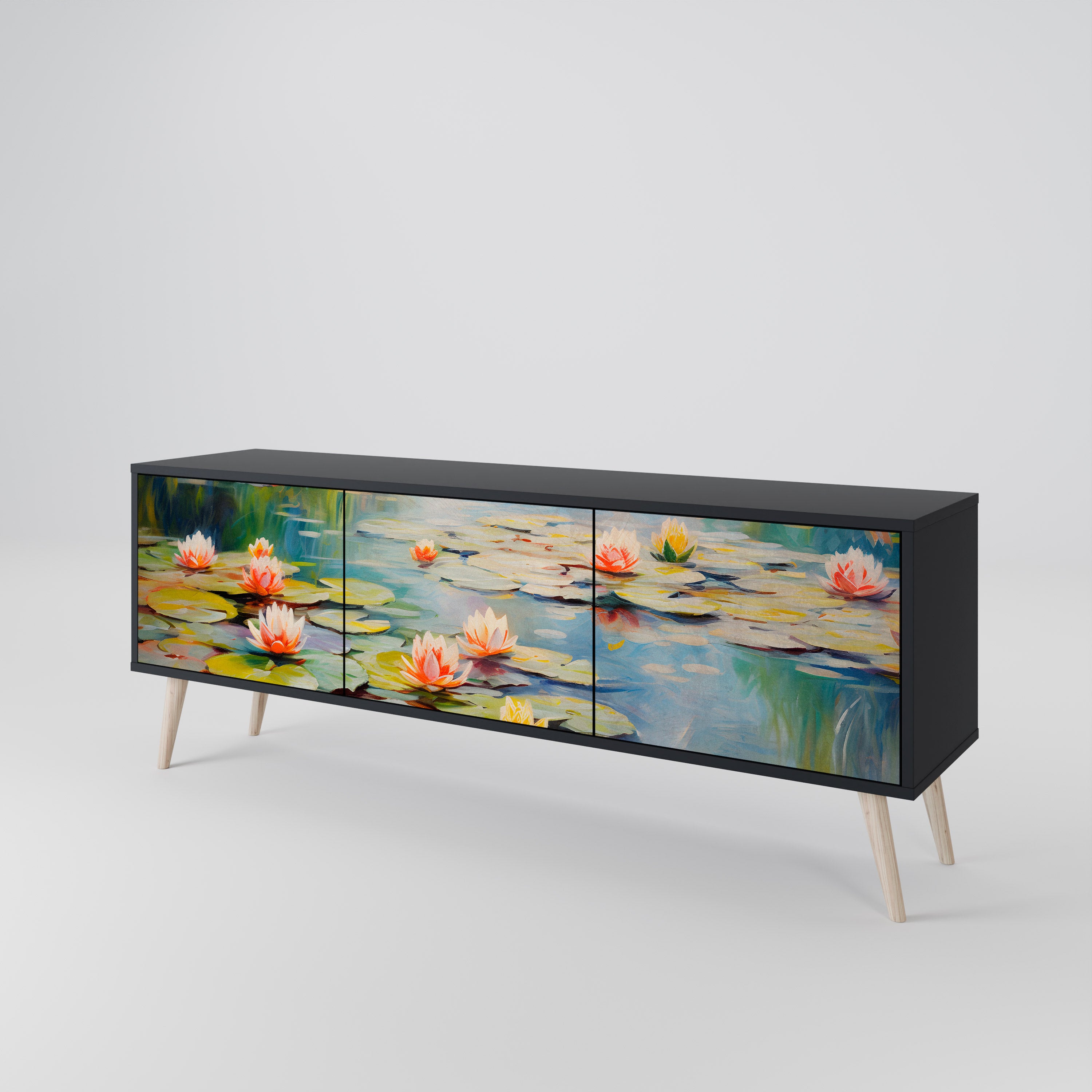BLOOMING WATERS 3-Door TV Stand in Black Finish