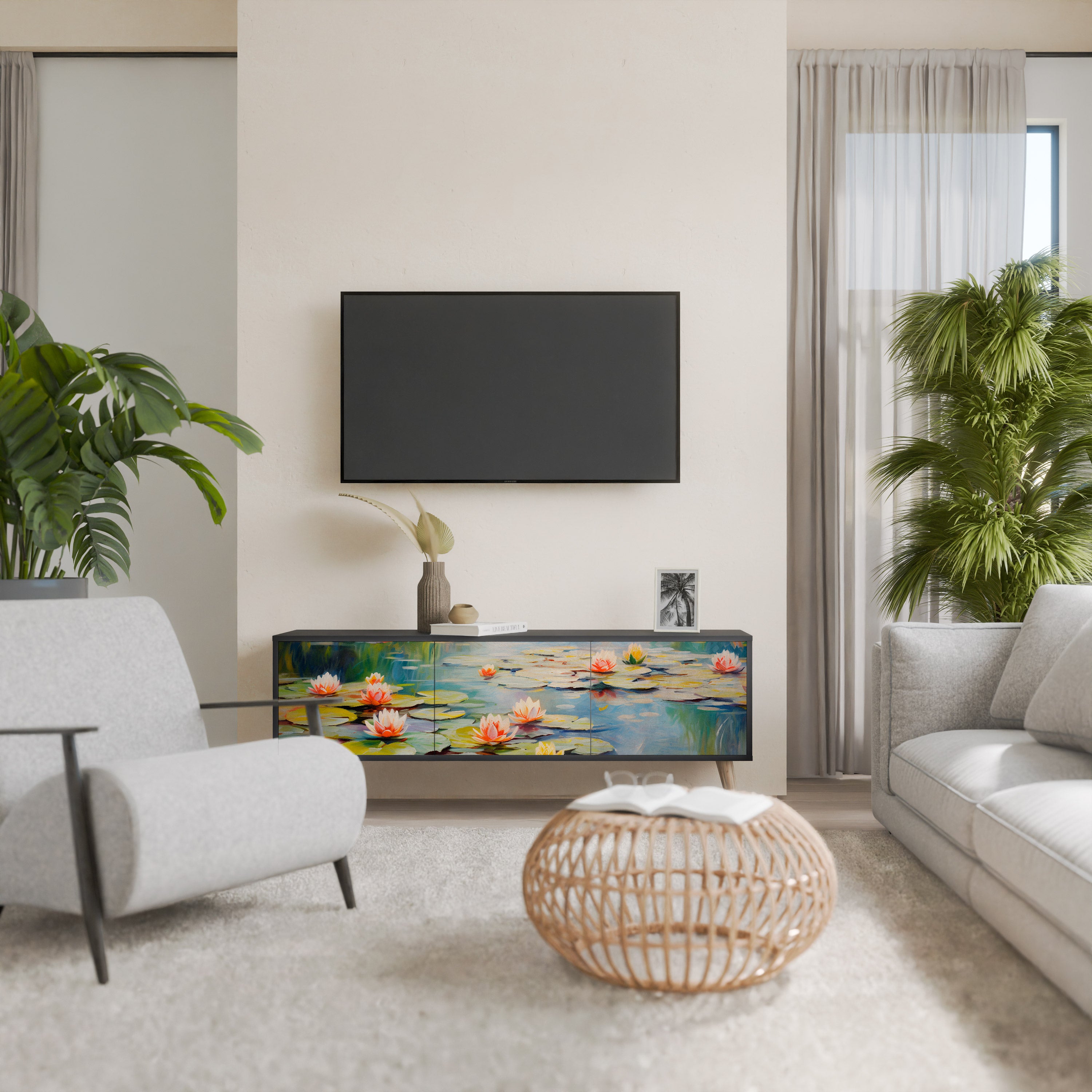 BLOOMING WATERS 3-Door TV Stand in Black Finish