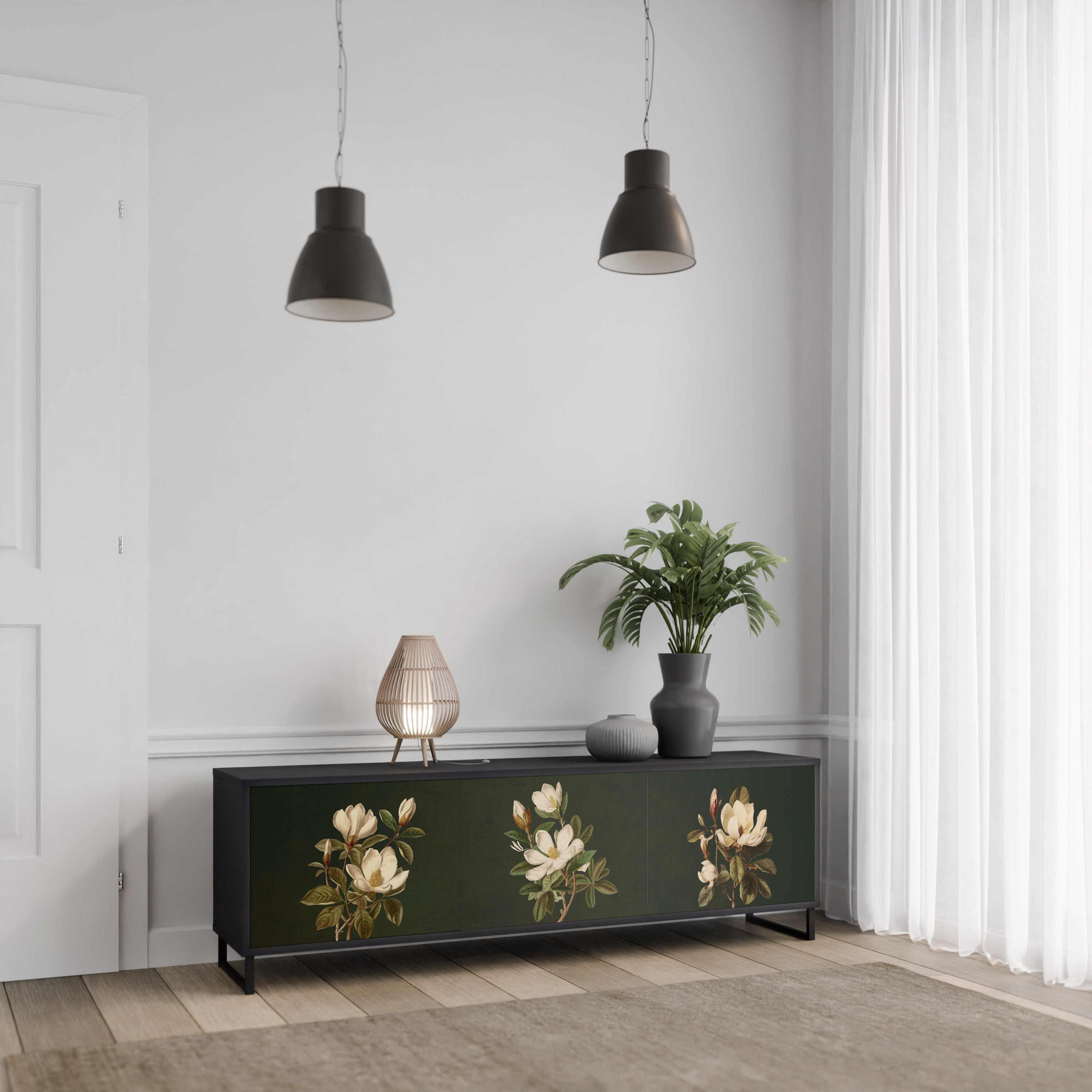 FLORAL NOIR 3-Door TV Stand in Black Finish