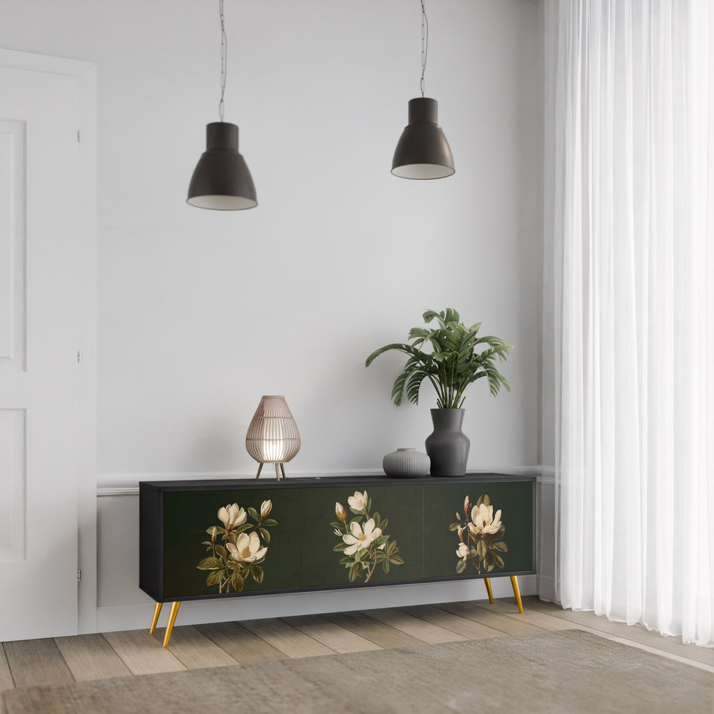 FLORAL NOIR 3-Door TV Stand in Black Finish