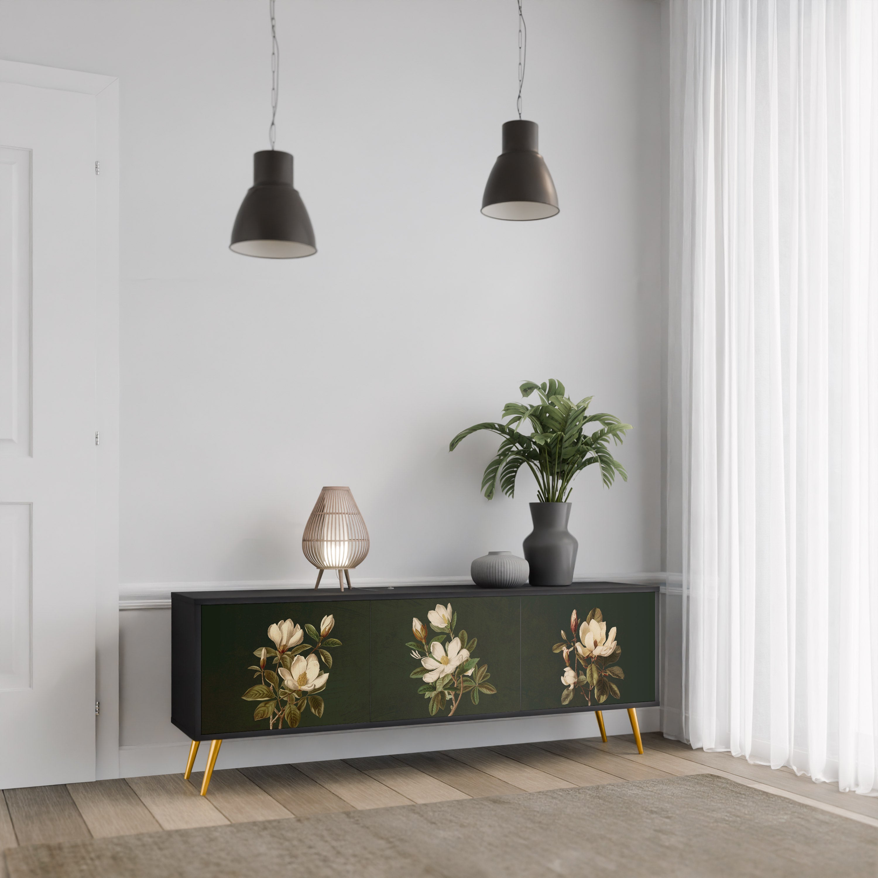 FLORAL NOIR 3-Door TV Stand in Black Finish