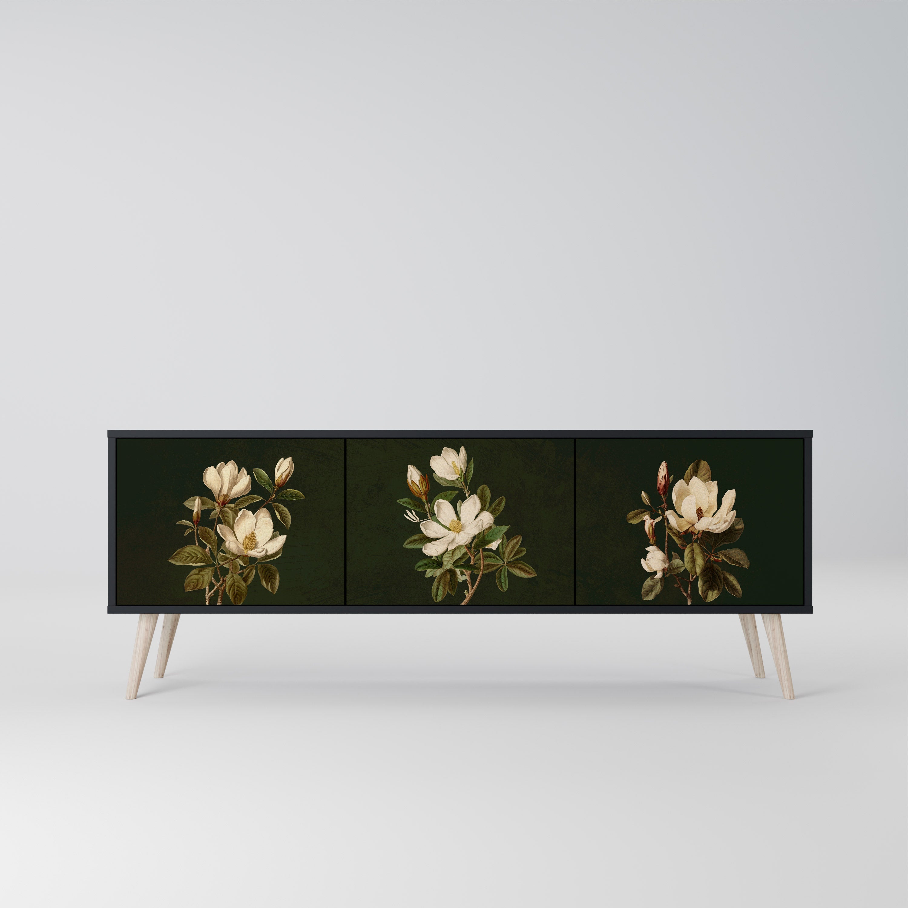 FLORAL NOIR 3-Door TV Stand in Black Finish