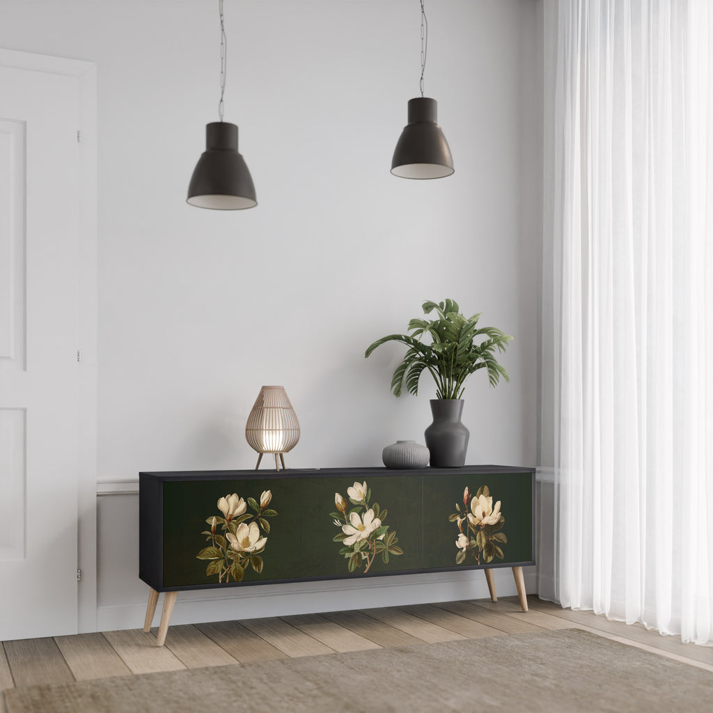 FLORAL NOIR 3-Door TV Stand in Black Finish