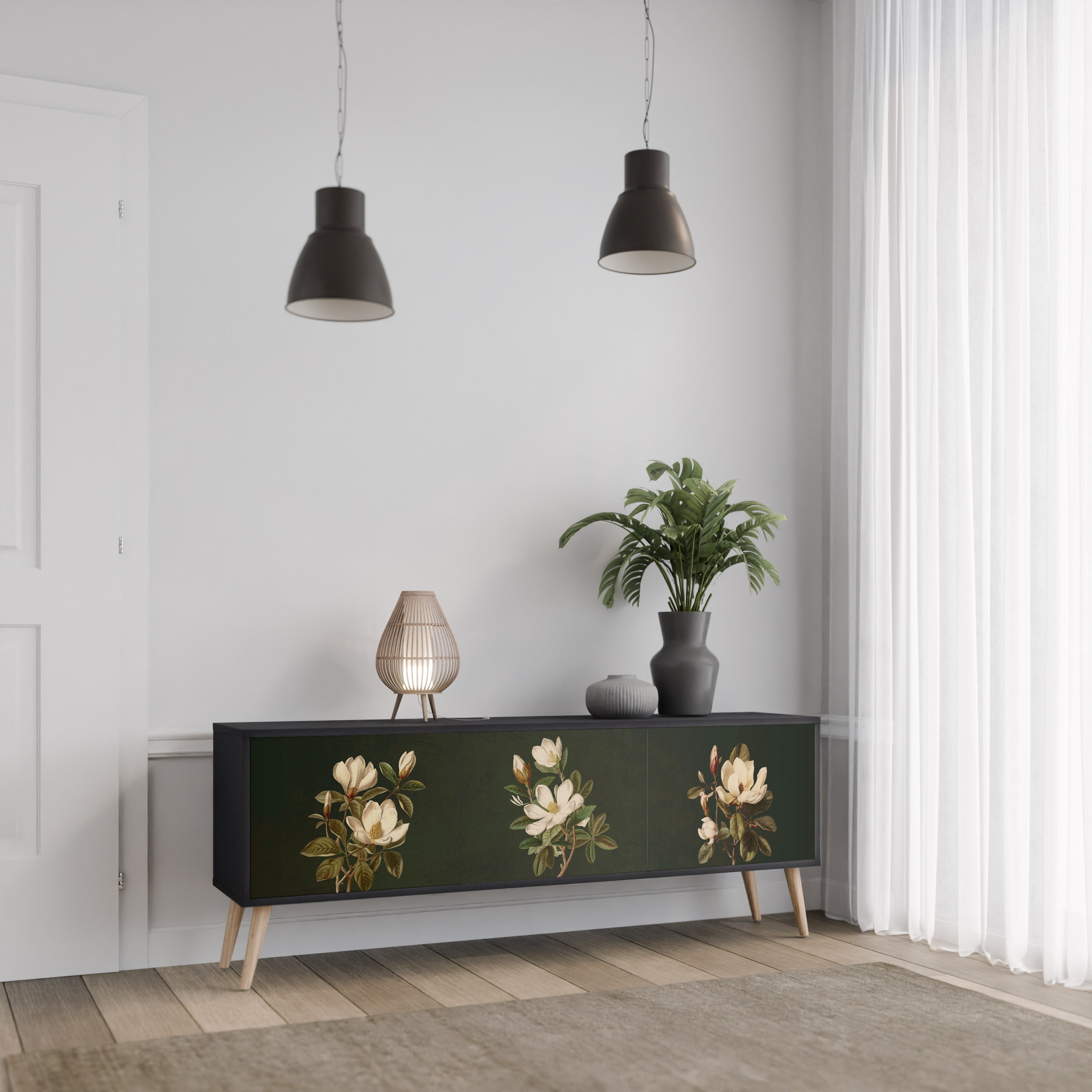 FLORAL NOIR 3-Door TV Stand in Black Finish