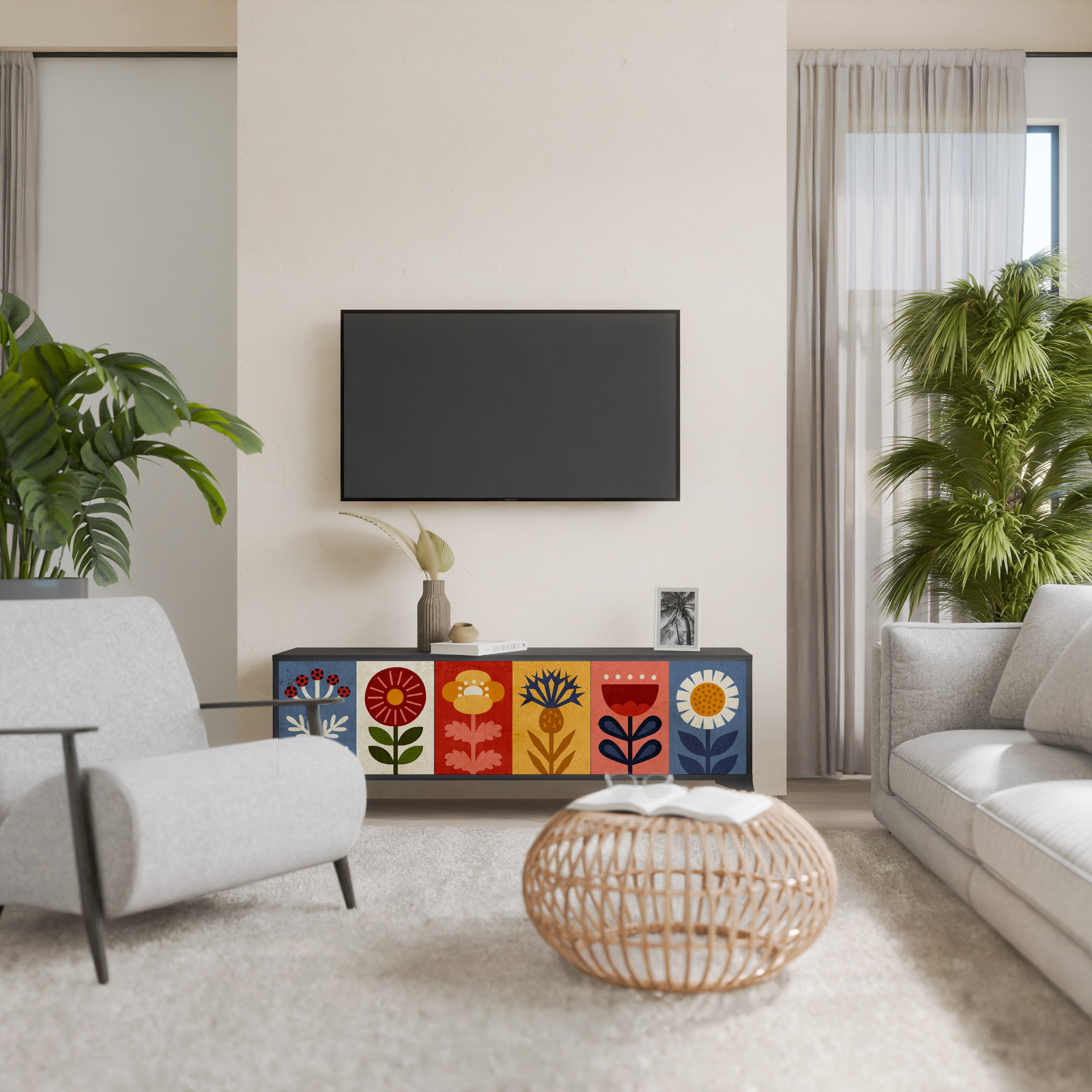 SCANDIC FLOWERET 3-Door TV Stand in Black Finish