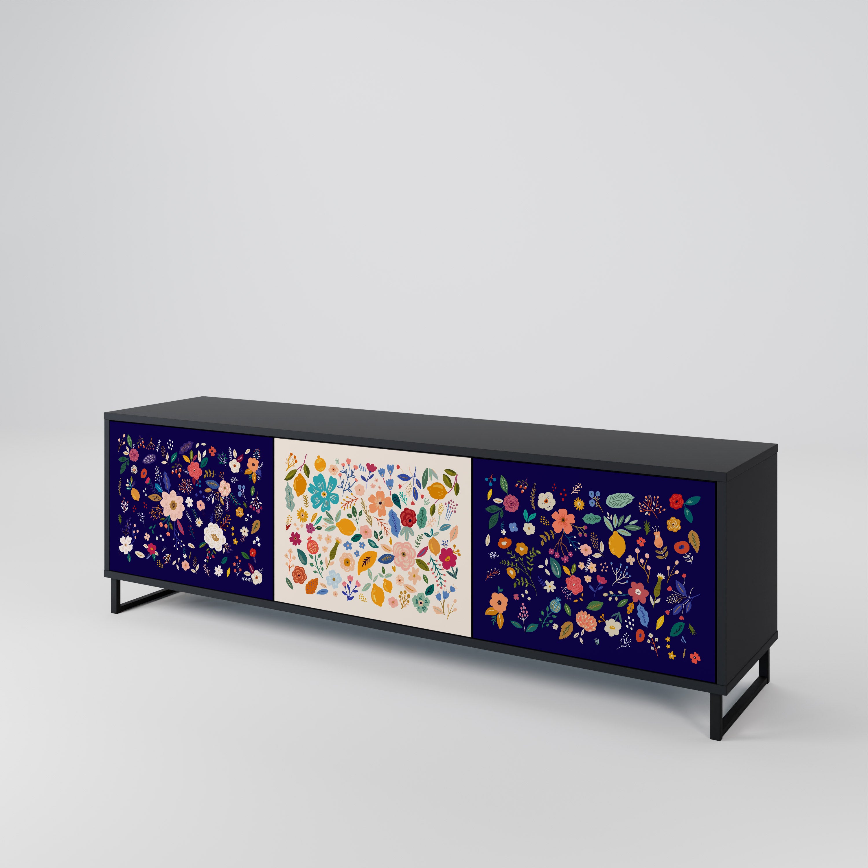 FLORAL COMBINATION 3-Door TV Stand in Black Finish