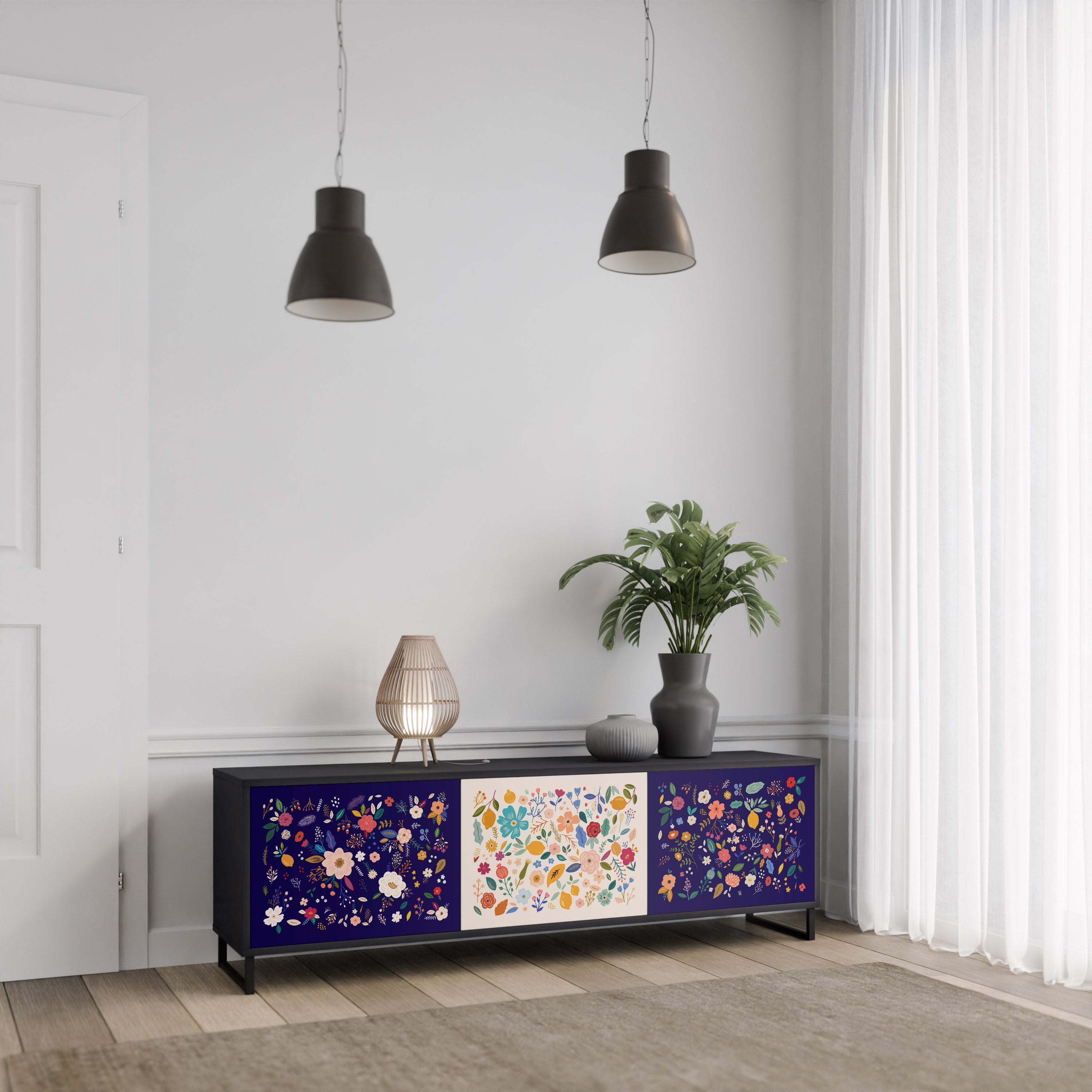 FLORAL COMBINATION 3-Door TV Stand in Black Finish