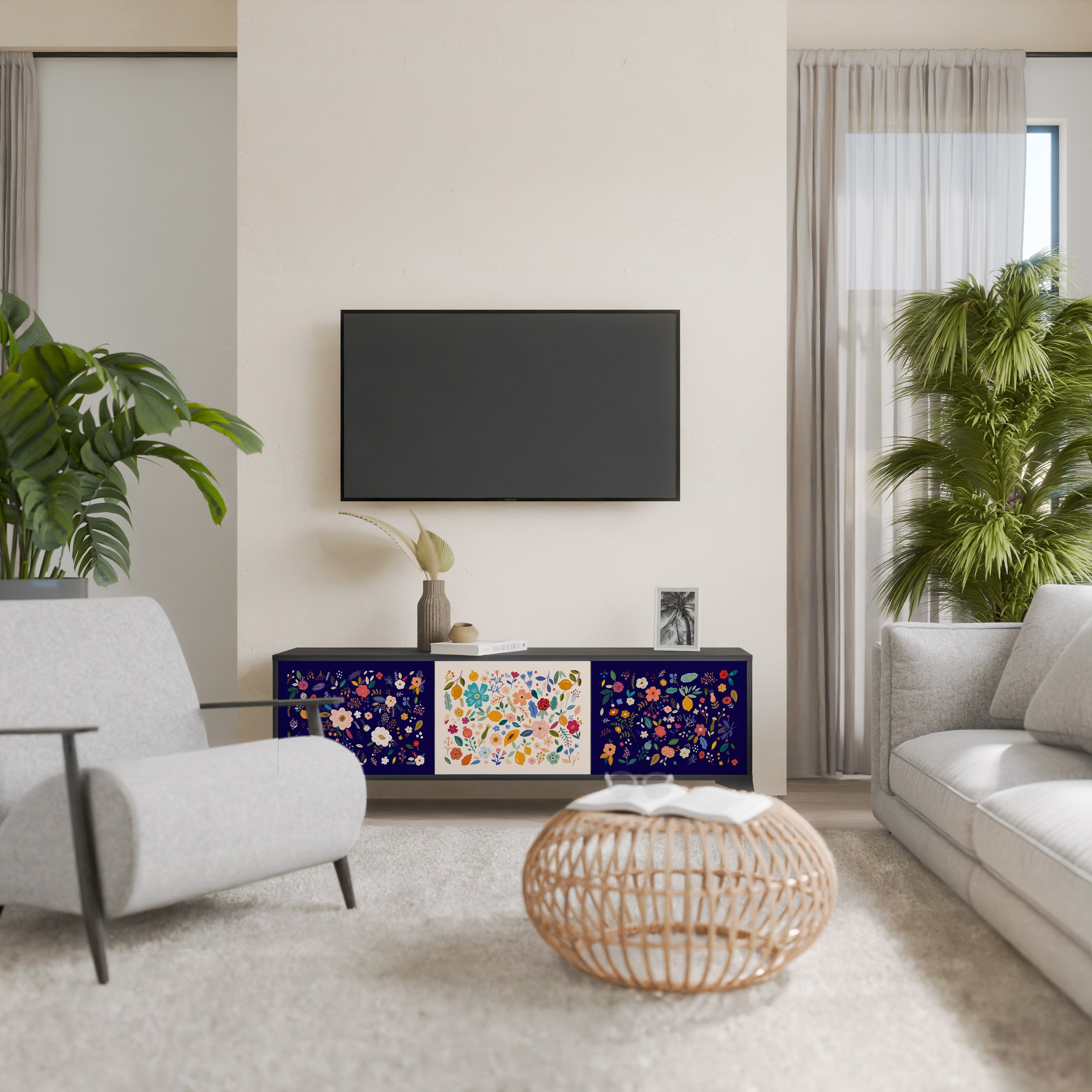 FLORAL COMBINATION 3-Door TV Stand in Black Finish