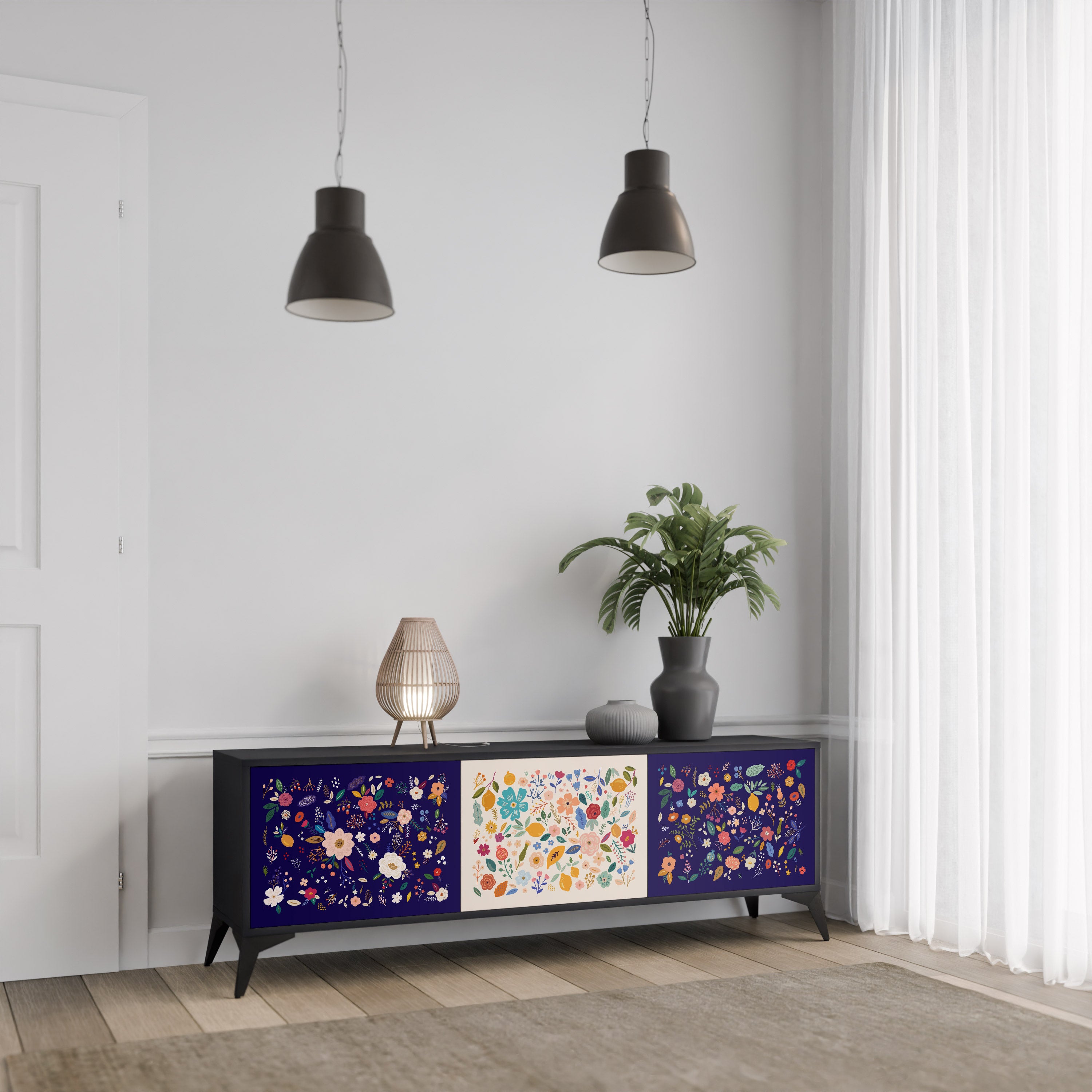 FLORAL COMBINATION 3-Door TV Stand in Black Finish