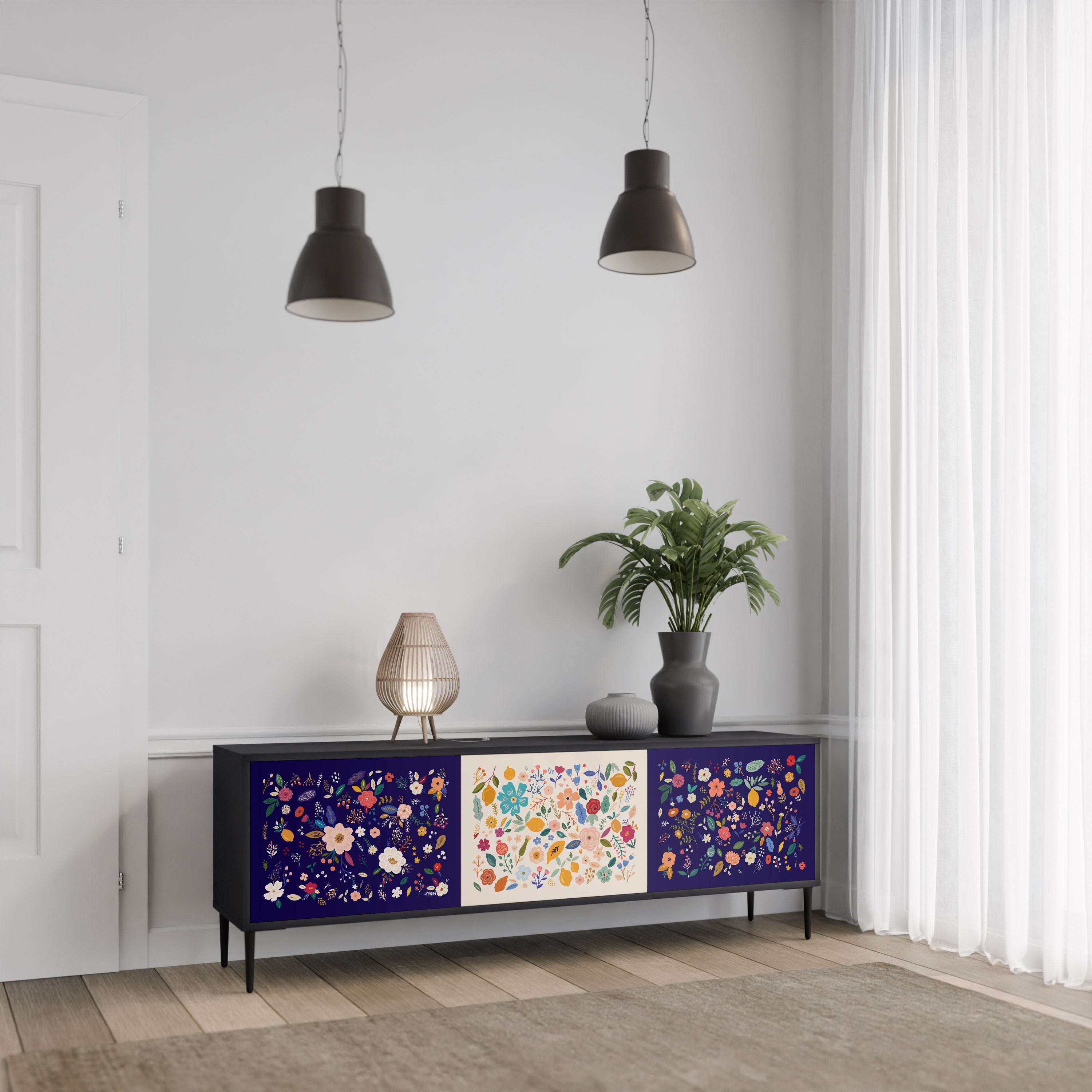 FLORAL COMBINATION 3-Door TV Stand in Black Finish