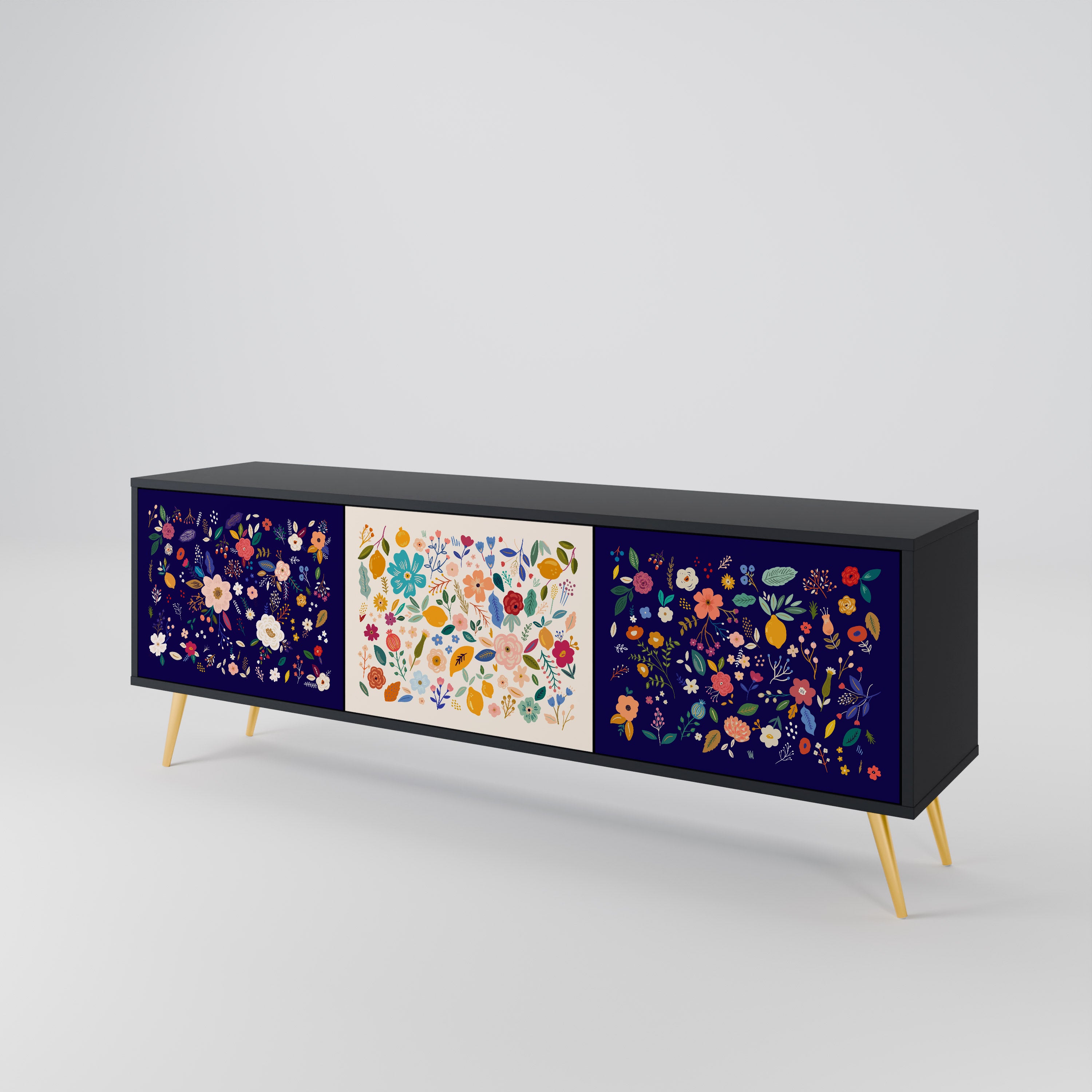 FLORAL COMBINATION 3-Door TV Stand in Black Finish