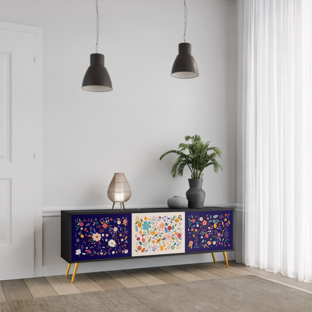 FLORAL COMBINATION 3-Door TV Stand in Black Finish