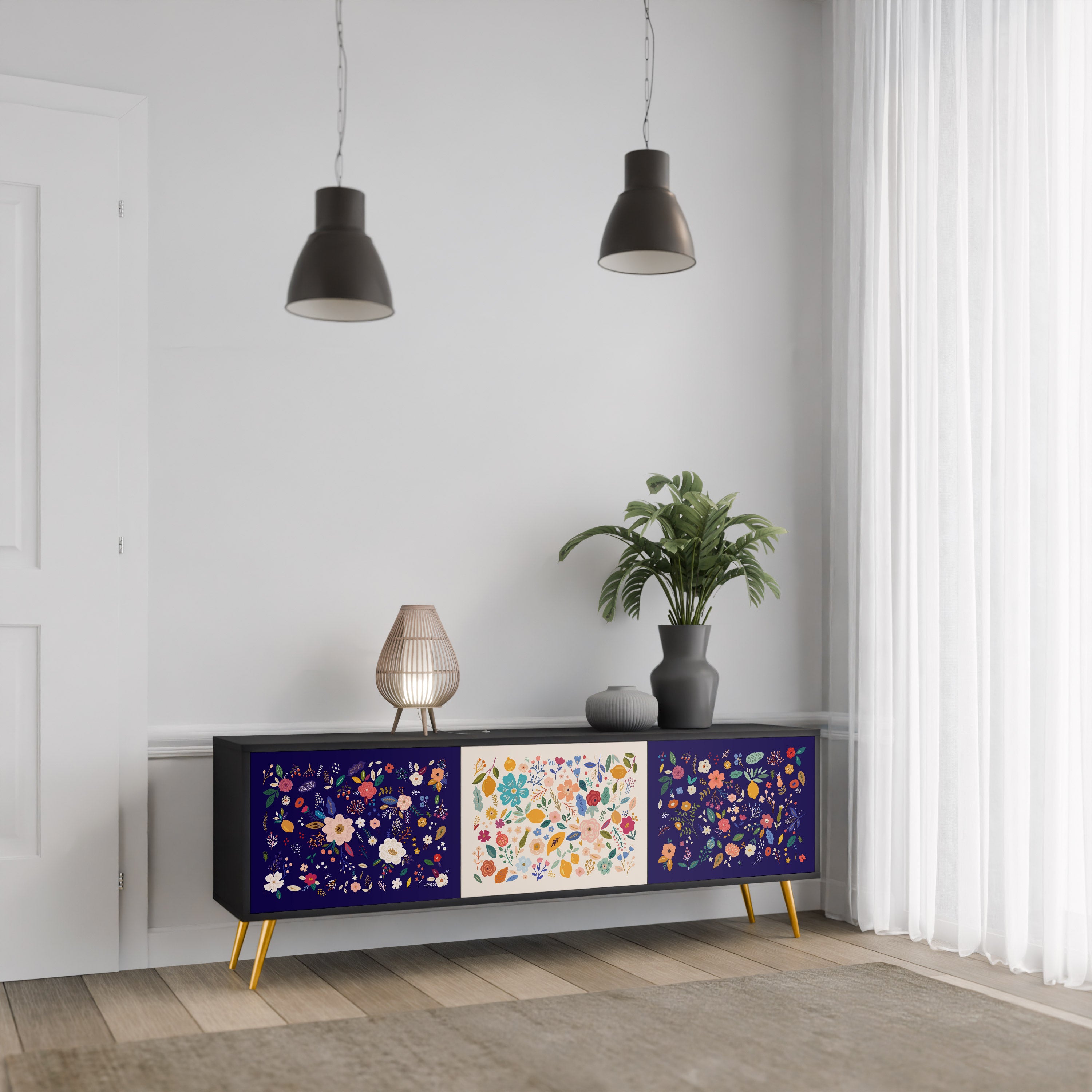 FLORAL COMBINATION 3-Door TV Stand in Black Finish