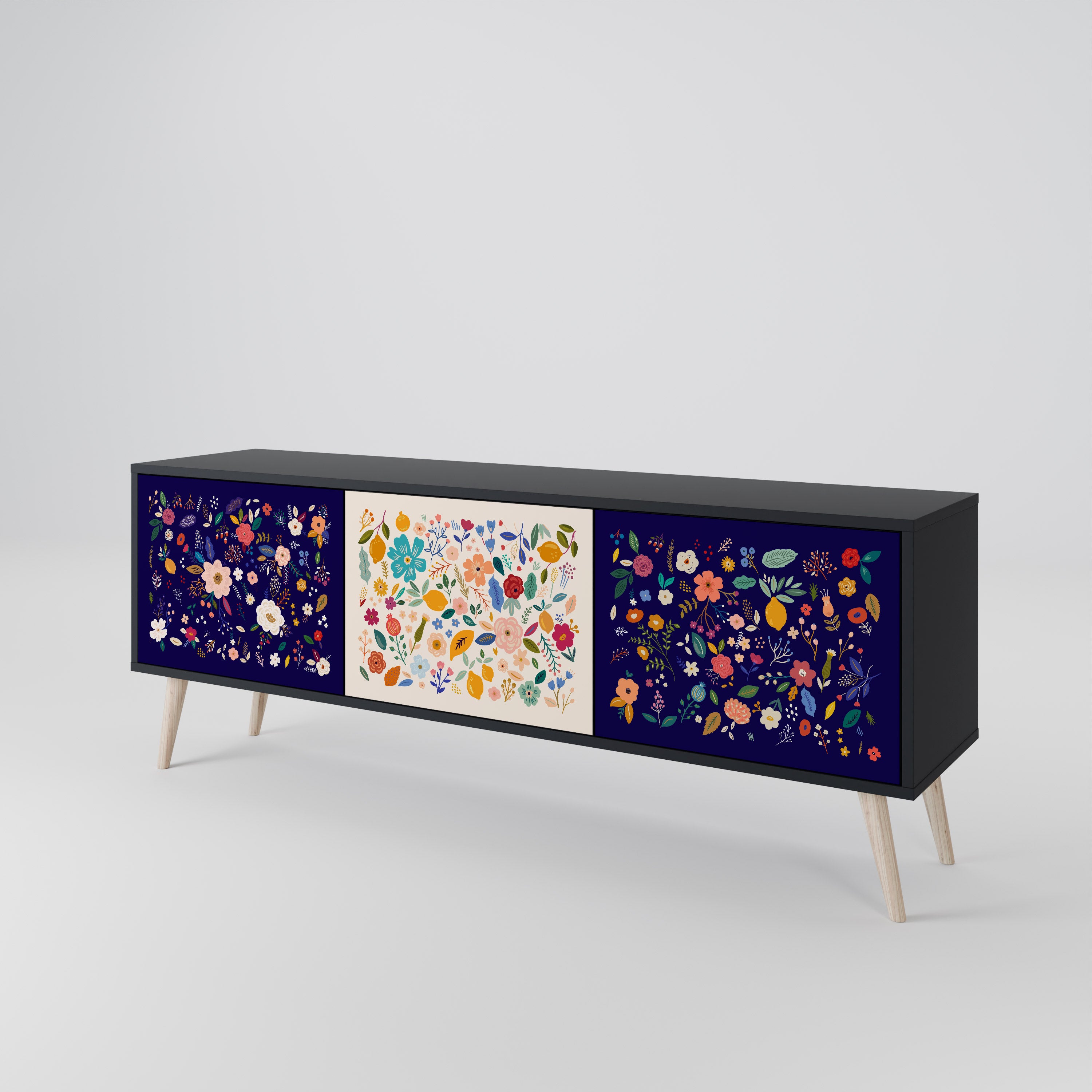FLORAL COMBINATION 3-Door TV Stand in Black Finish