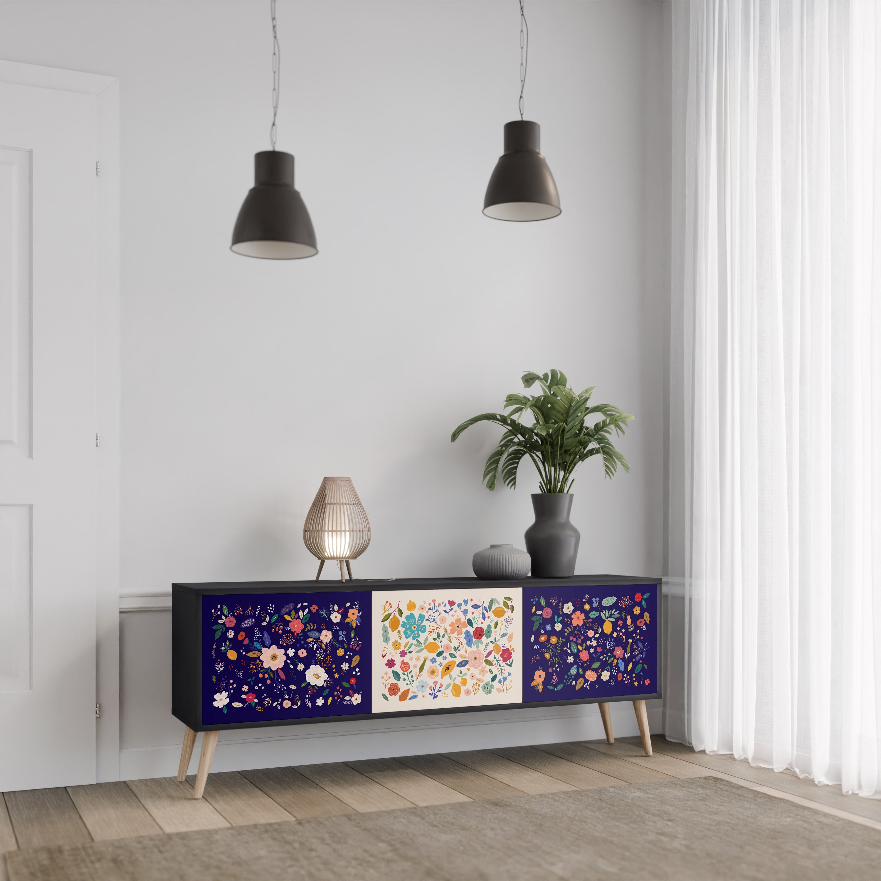 FLORAL COMBINATION 3-Door TV Stand in Black Finish