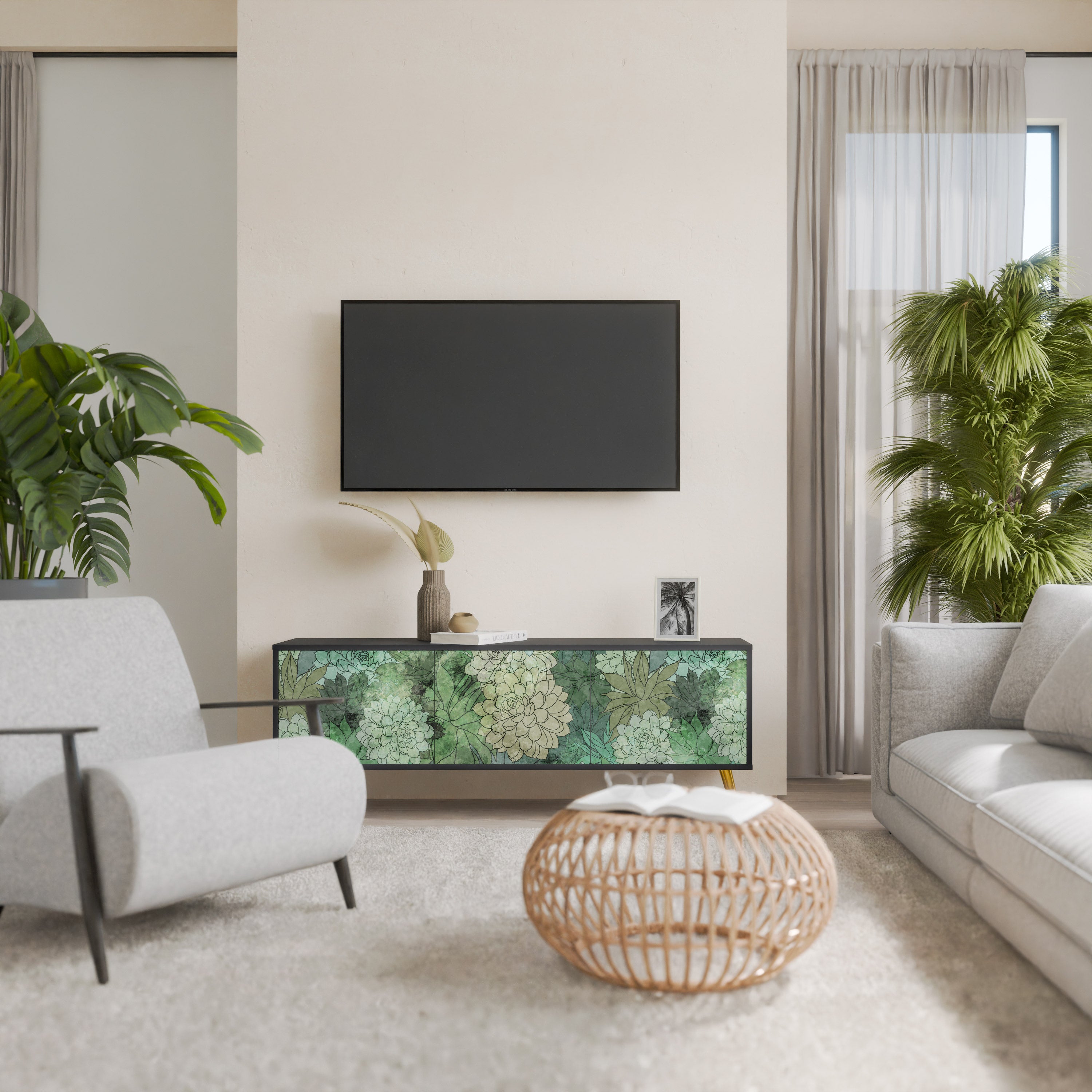 SUCCULENT CLUSTER 3-Door TV Stand in Black Finish