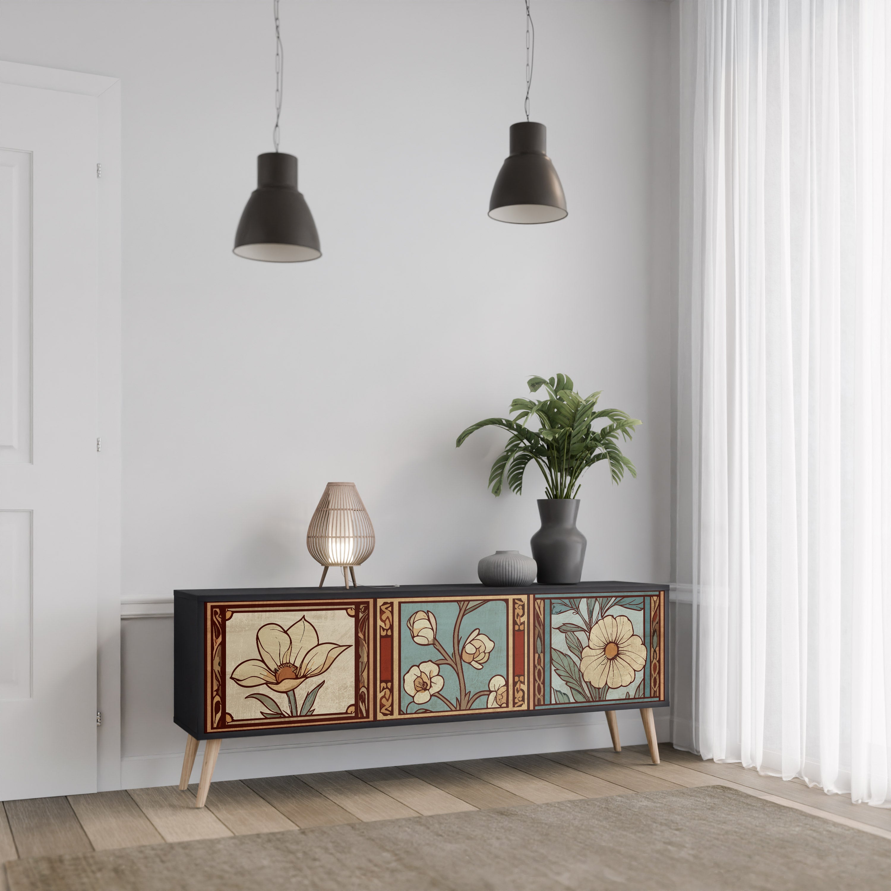 TIMELESS FLORA 3-Door TV Stand in Black Finish