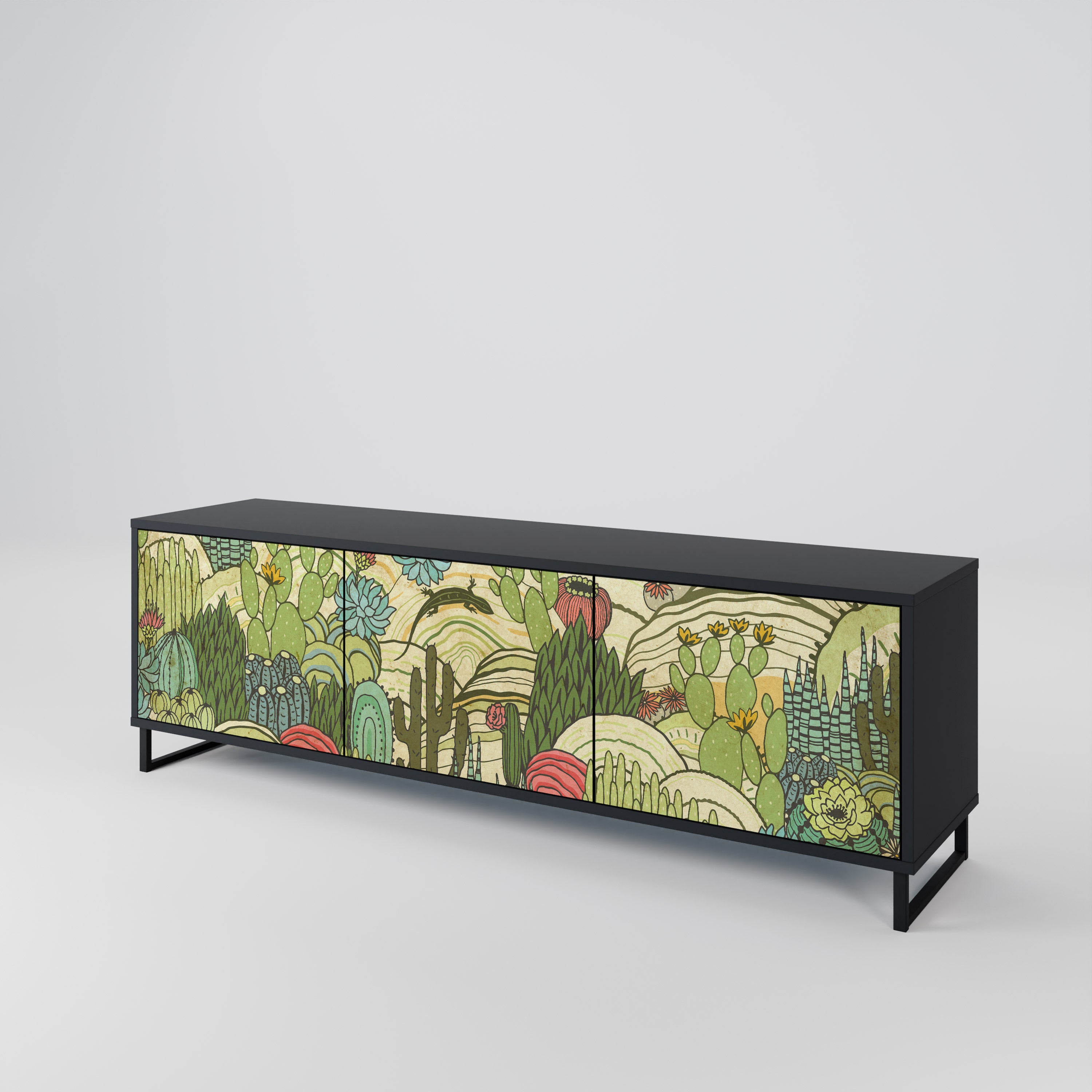 SUCCULENTS KALEIDOSCOPE 3-Door TV Stand in Black Finish