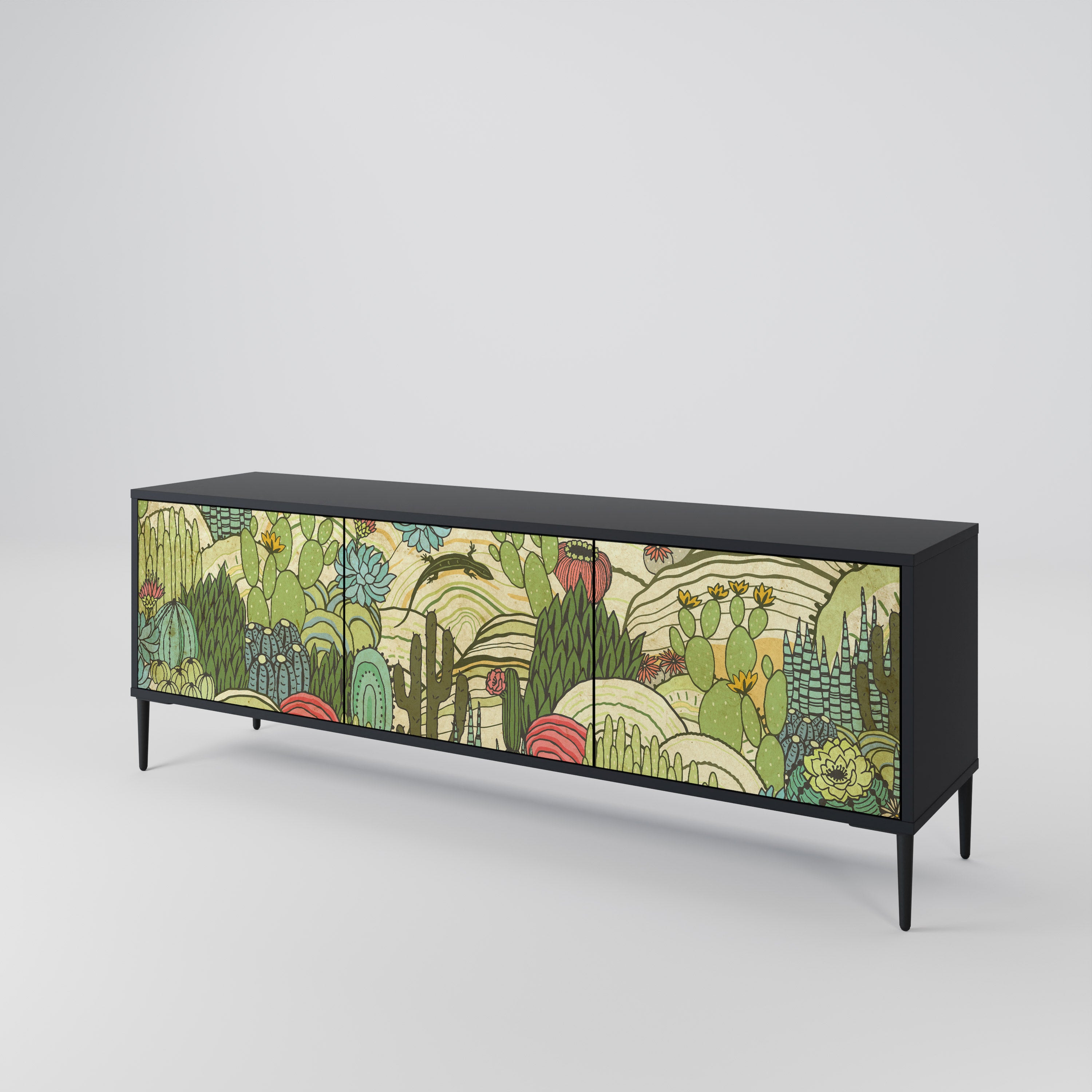 SUCCULENTS KALEIDOSCOPE 3-Door TV Stand in Black Finish