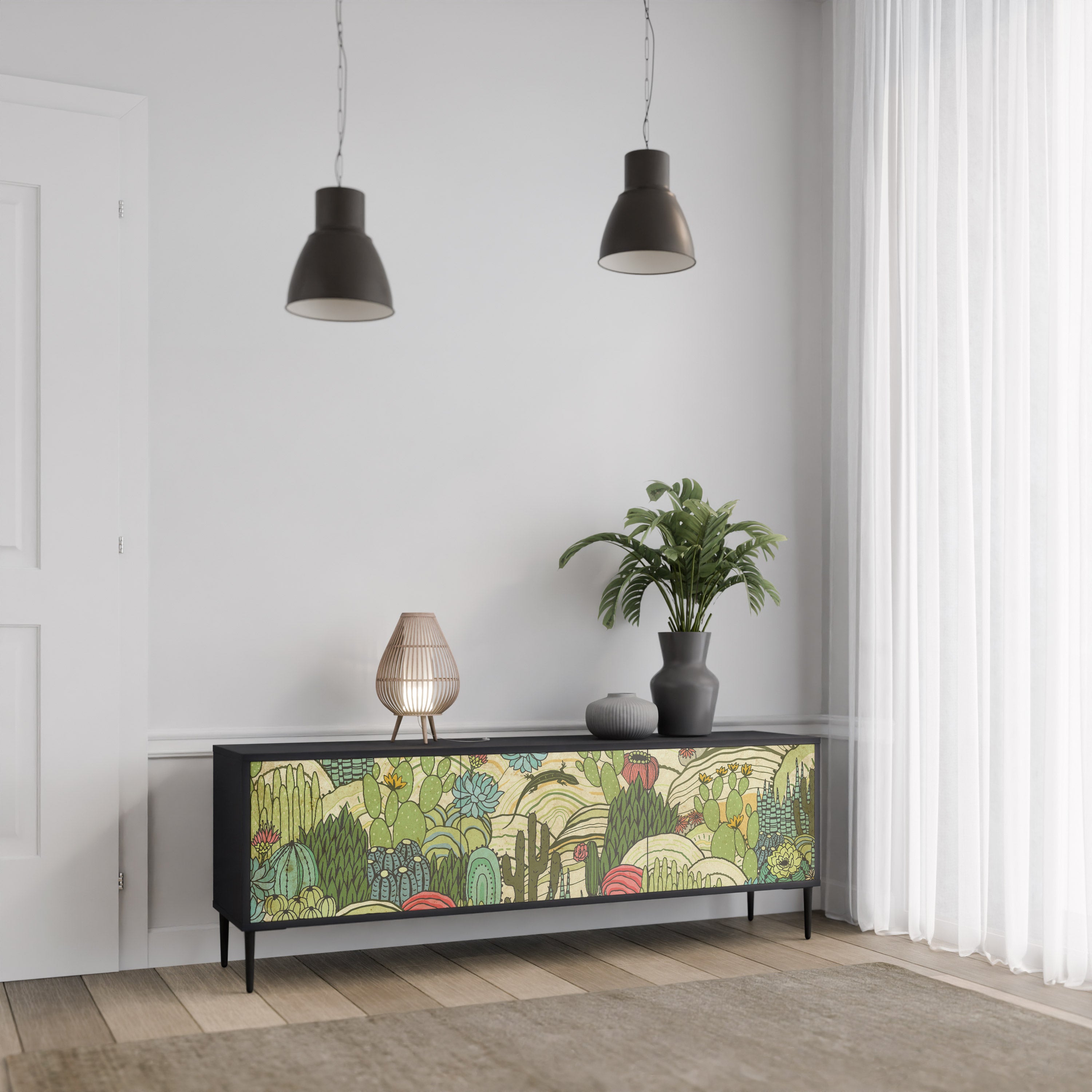 SUCCULENTS KALEIDOSCOPE 3-Door TV Stand in Black Finish