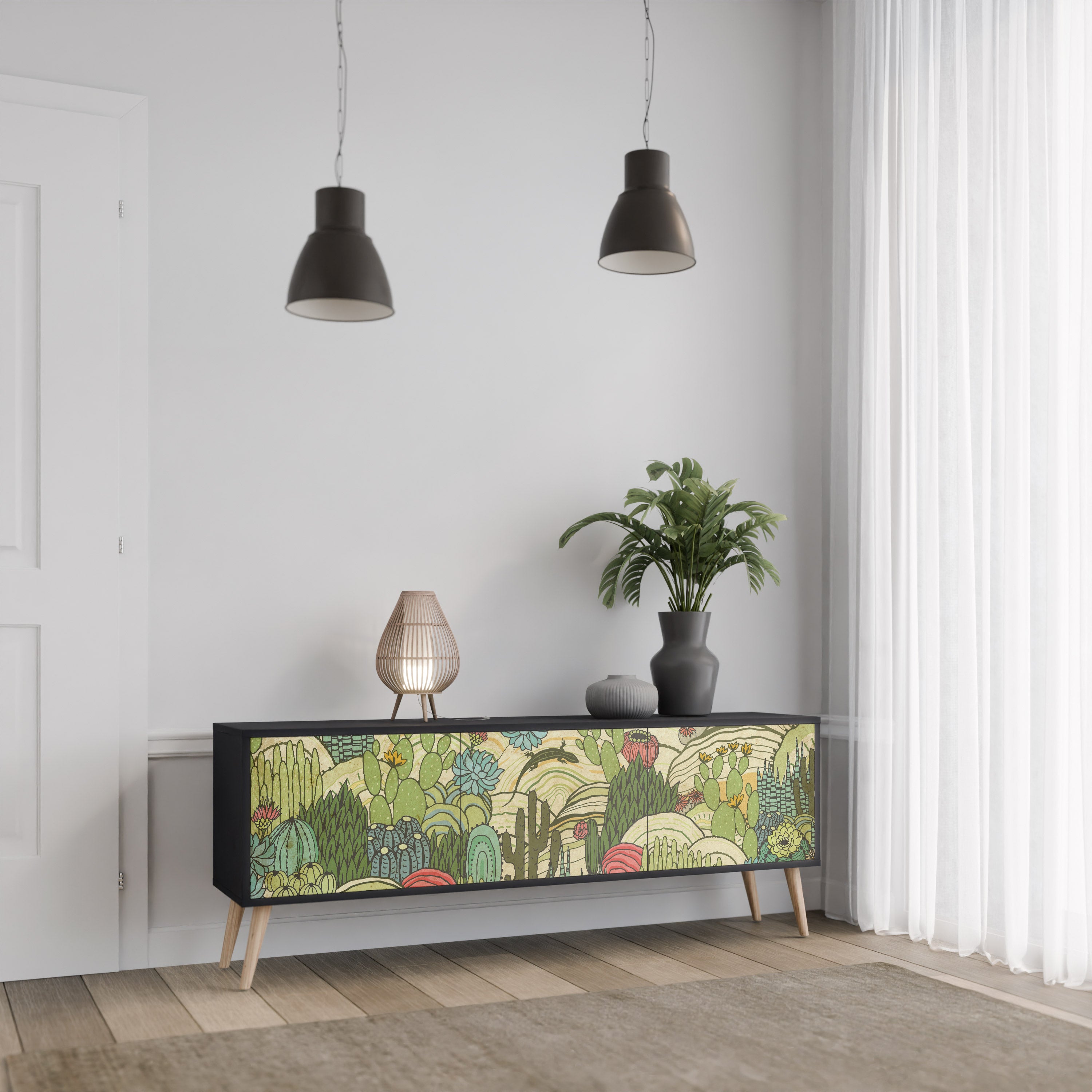 SUCCULENTS KALEIDOSCOPE 3-Door TV Stand in Black Finish