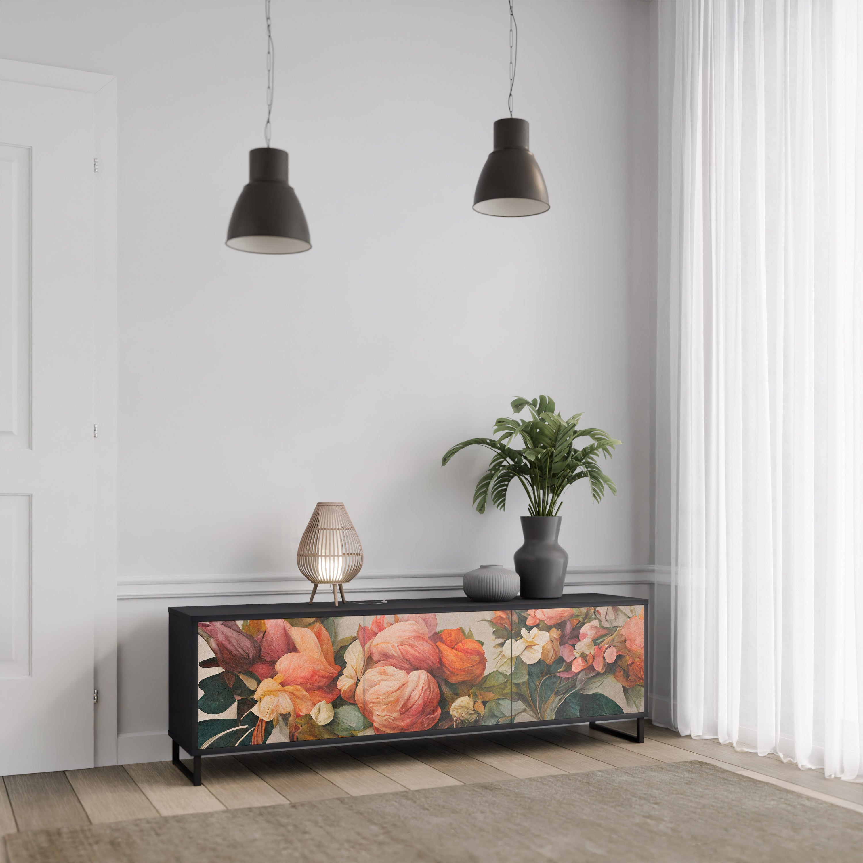 STYLISH BEAUTY 3-Door TV Stand in Black Finish