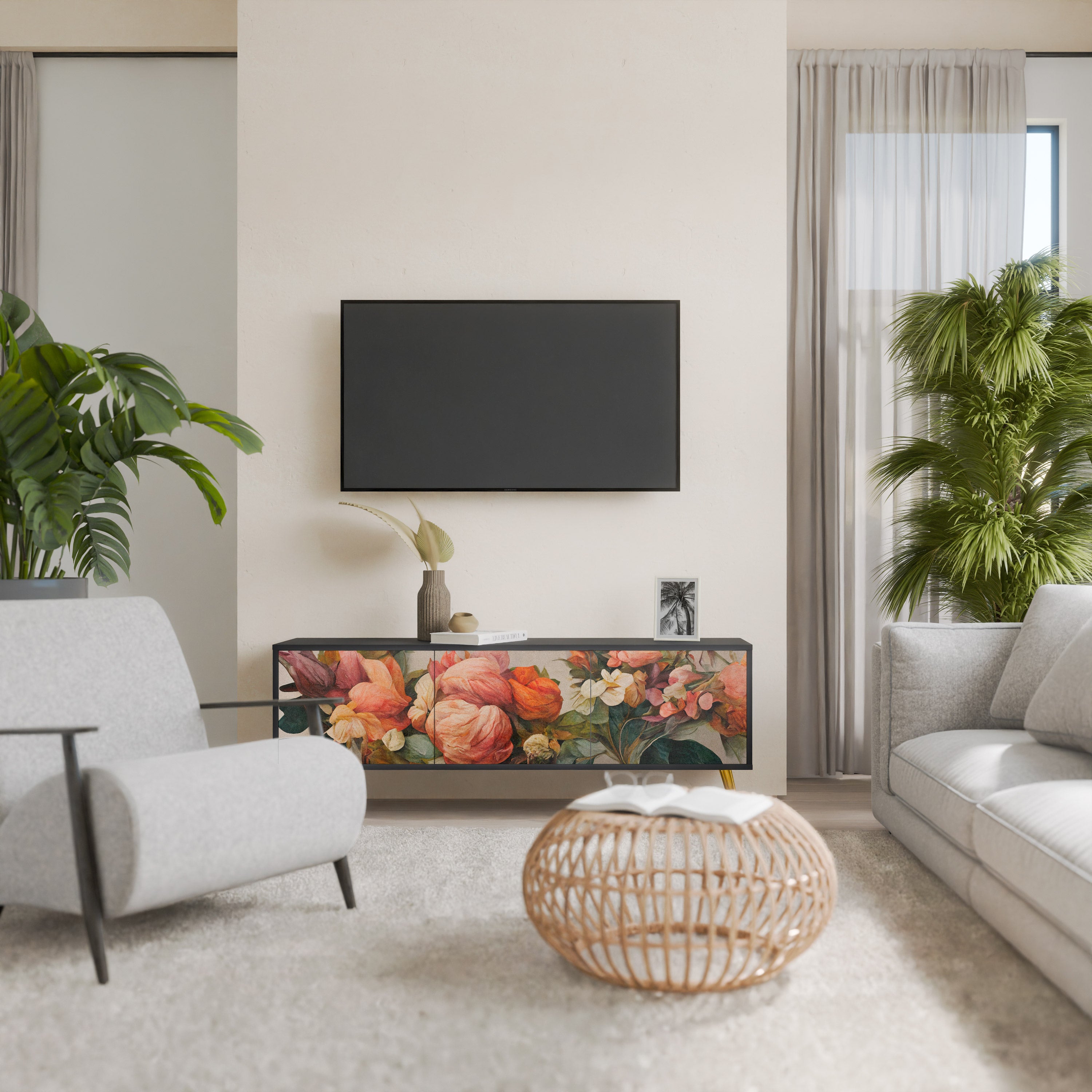 STYLISH BEAUTY 3-Door TV Stand in Black Finish