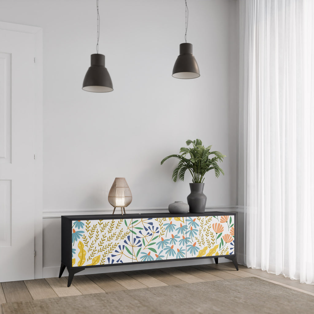 HELLO SPRING 3-Door TV Stand in Black Finish