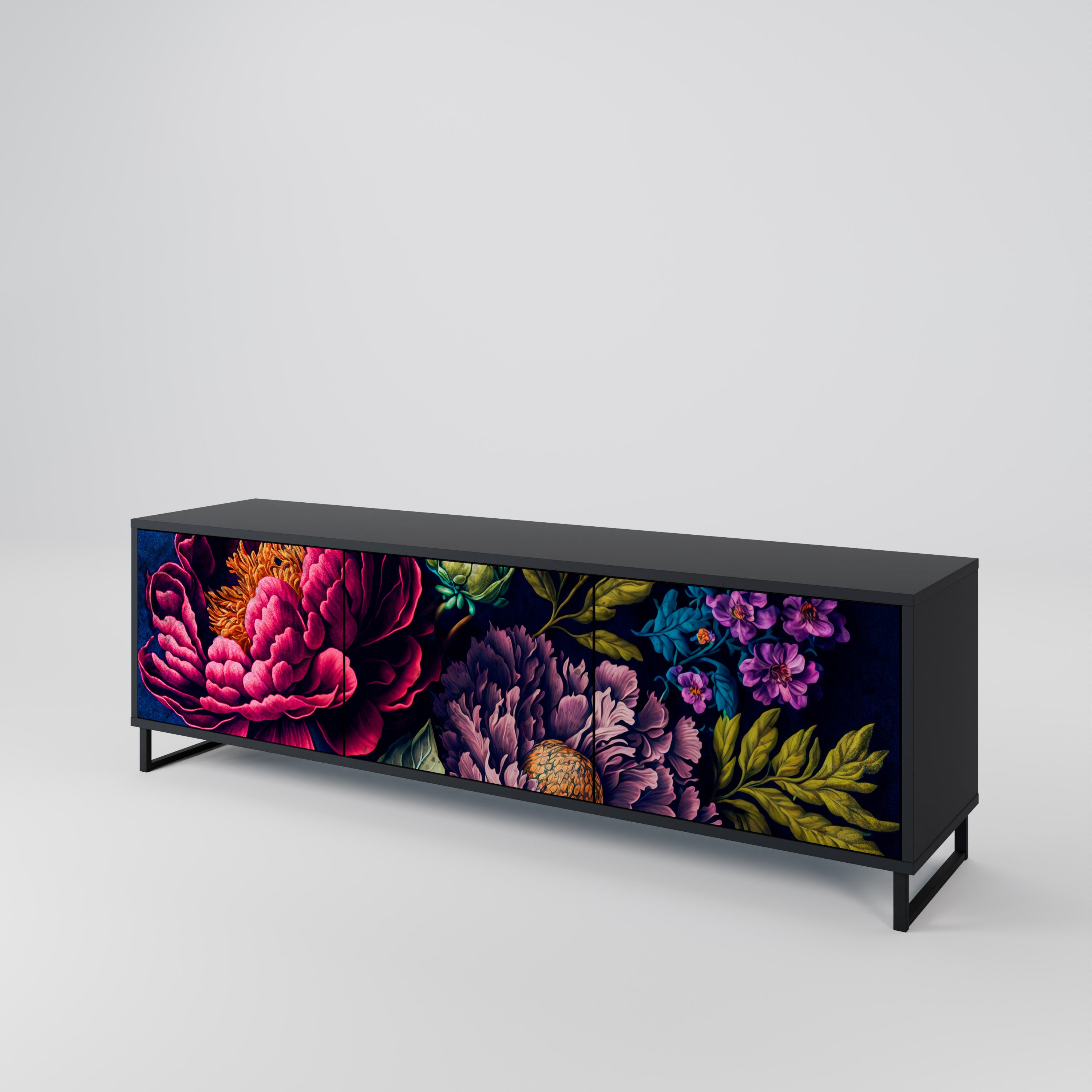 BLOOMING ELEGANCE 3-Door TV Stand in Black Finish