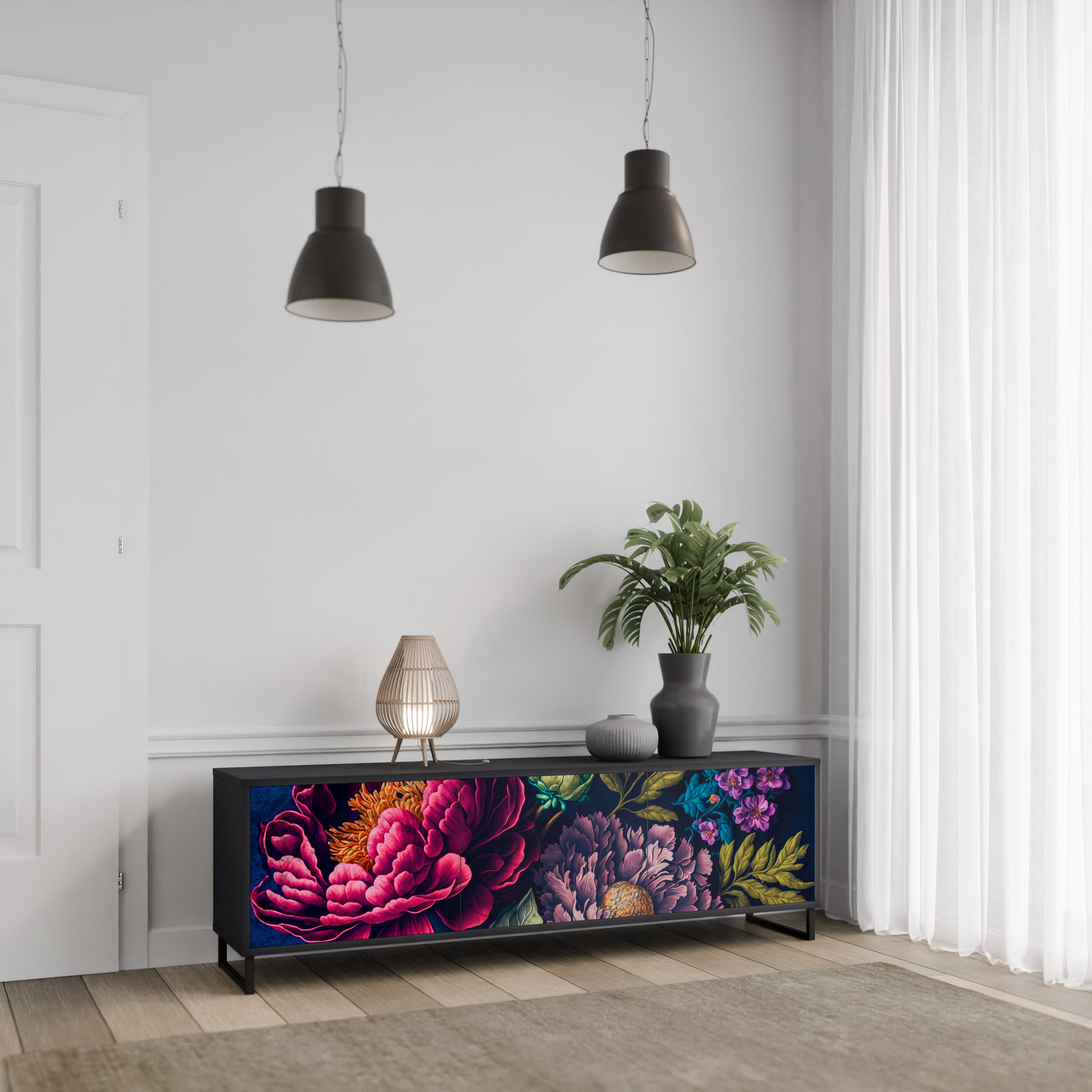 BLOOMING ELEGANCE 3-Door TV Stand in Black Finish