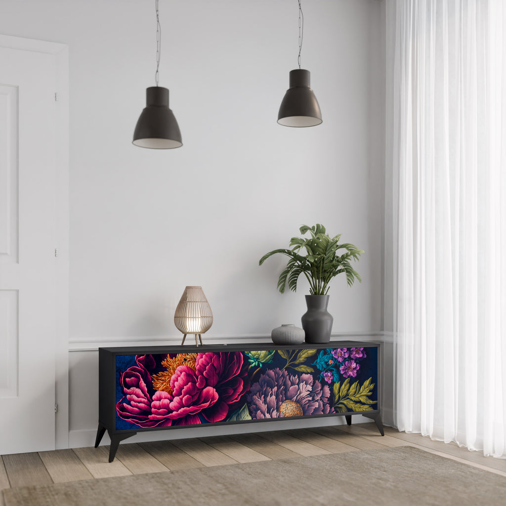 BLOOMING ELEGANCE 3-Door TV Stand in Black Finish