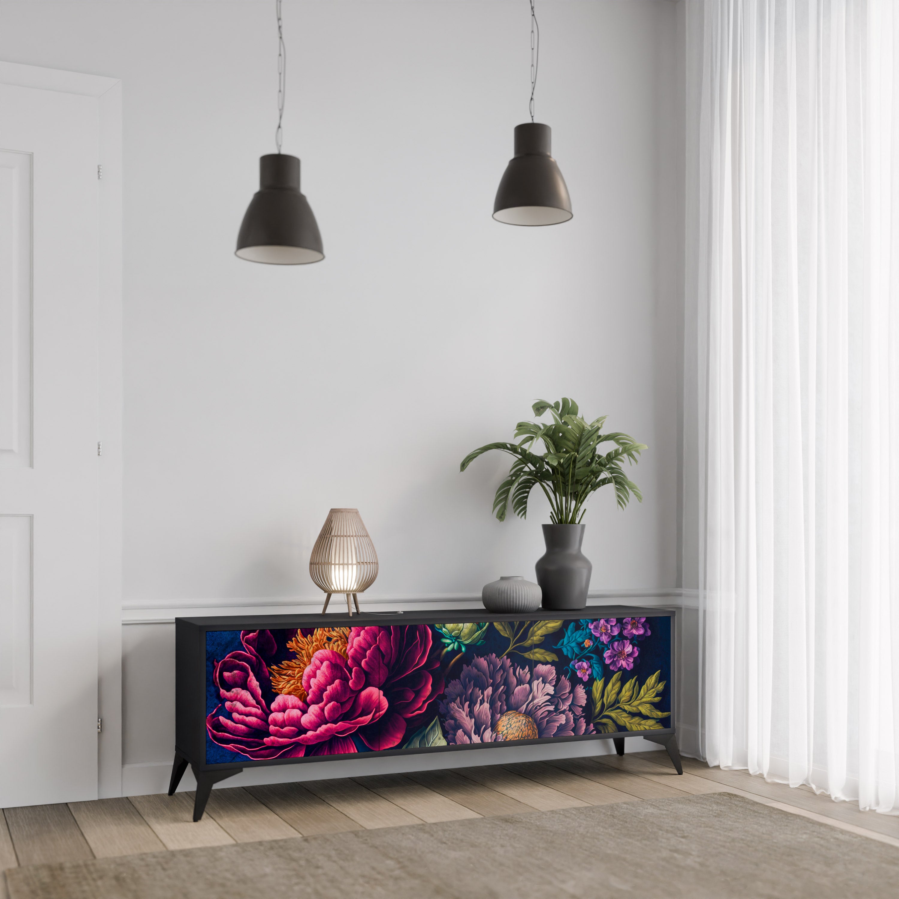 BLOOMING ELEGANCE 3-Door TV Stand in Black Finish