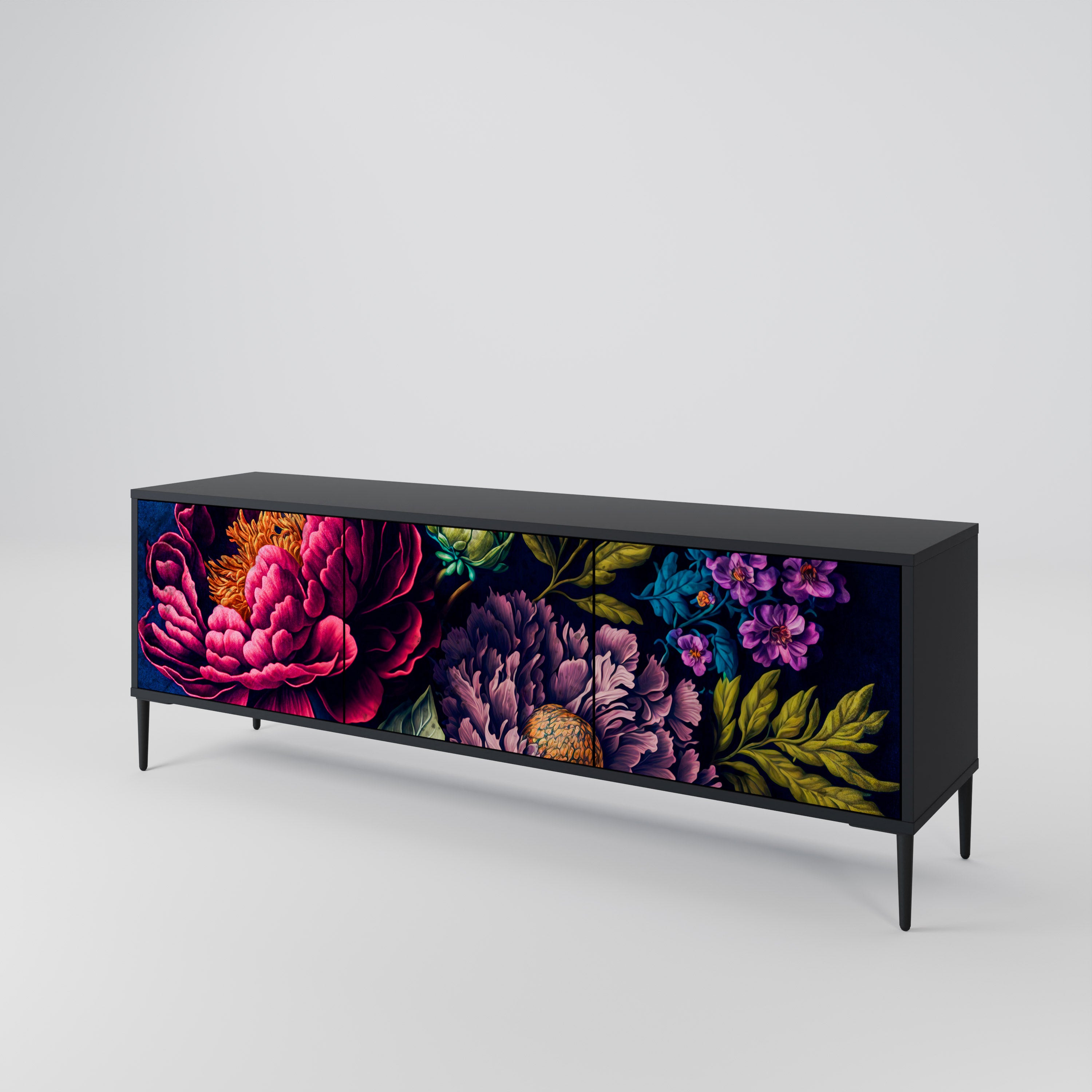 BLOOMING ELEGANCE 3-Door TV Stand in Black Finish