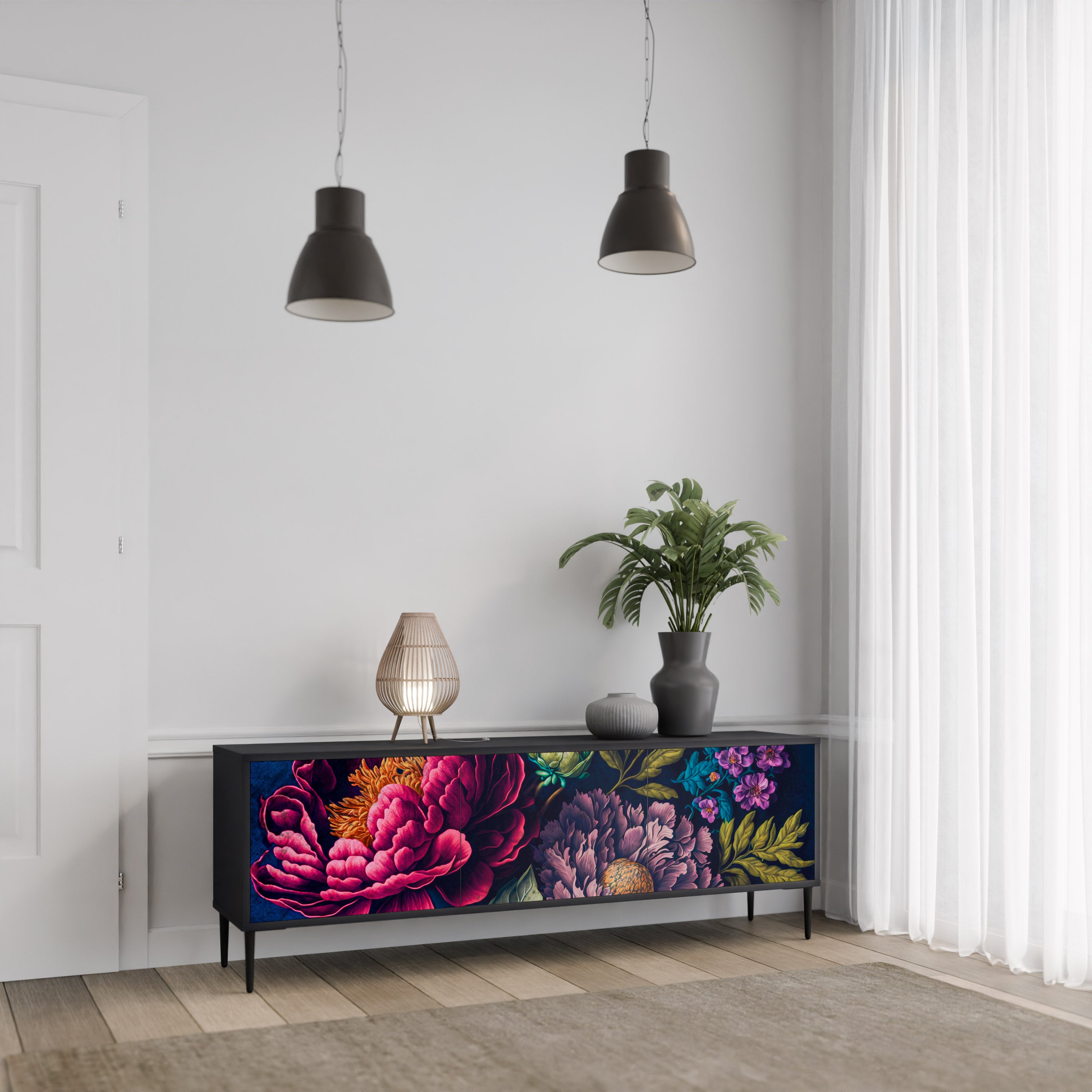 BLOOMING ELEGANCE 3-Door TV Stand in Black Finish