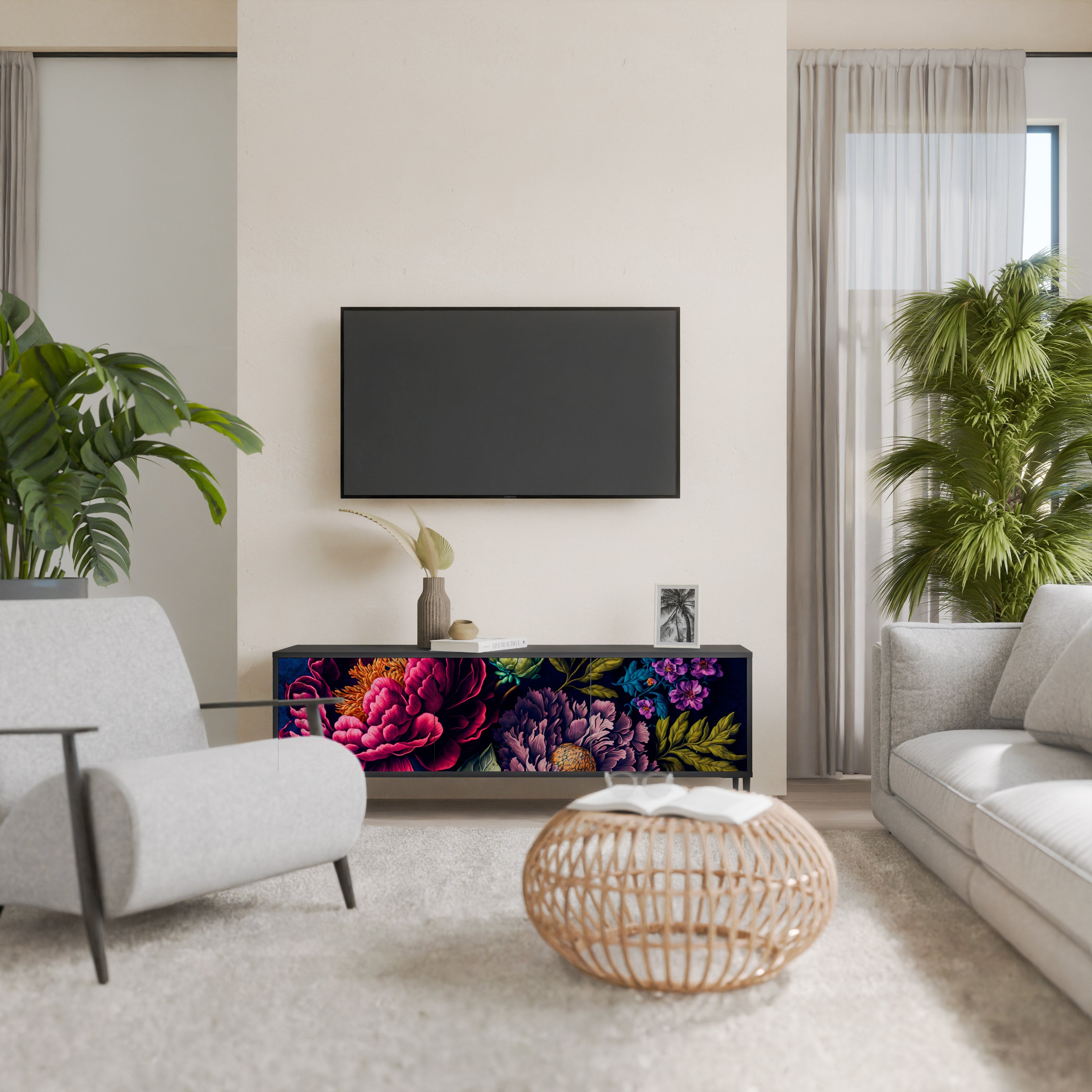 BLOOMING ELEGANCE 3-Door TV Stand in Black Finish