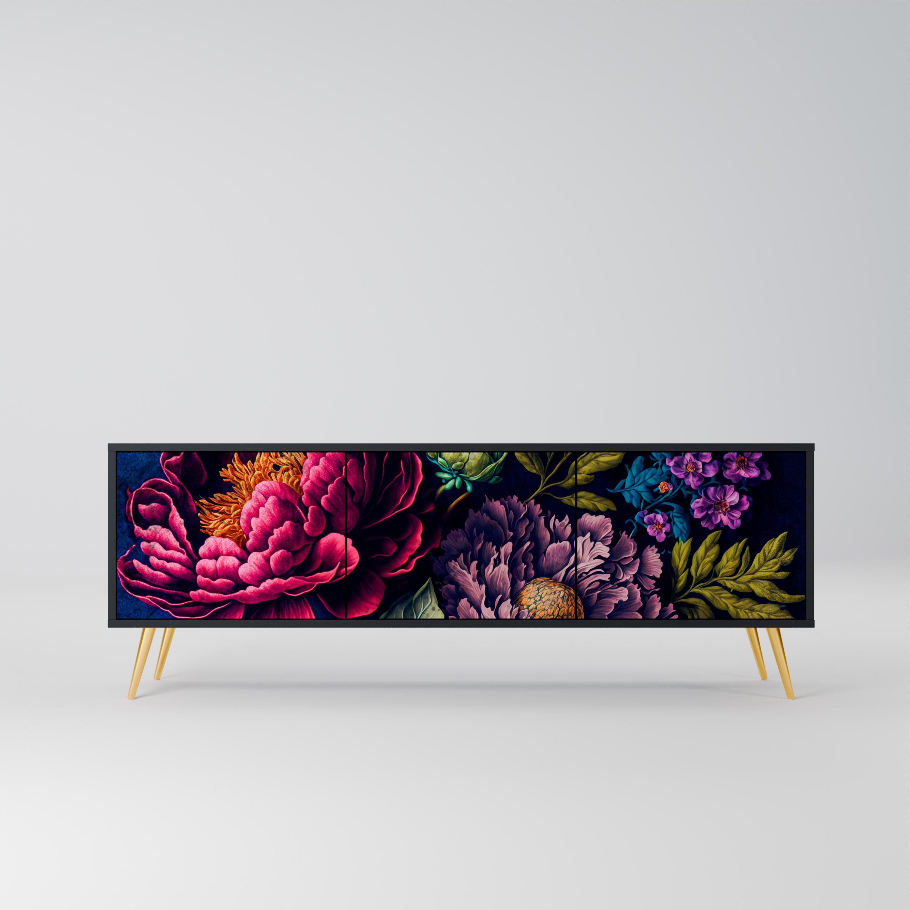 BLOOMING ELEGANCE 3-Door TV Stand in Black Finish