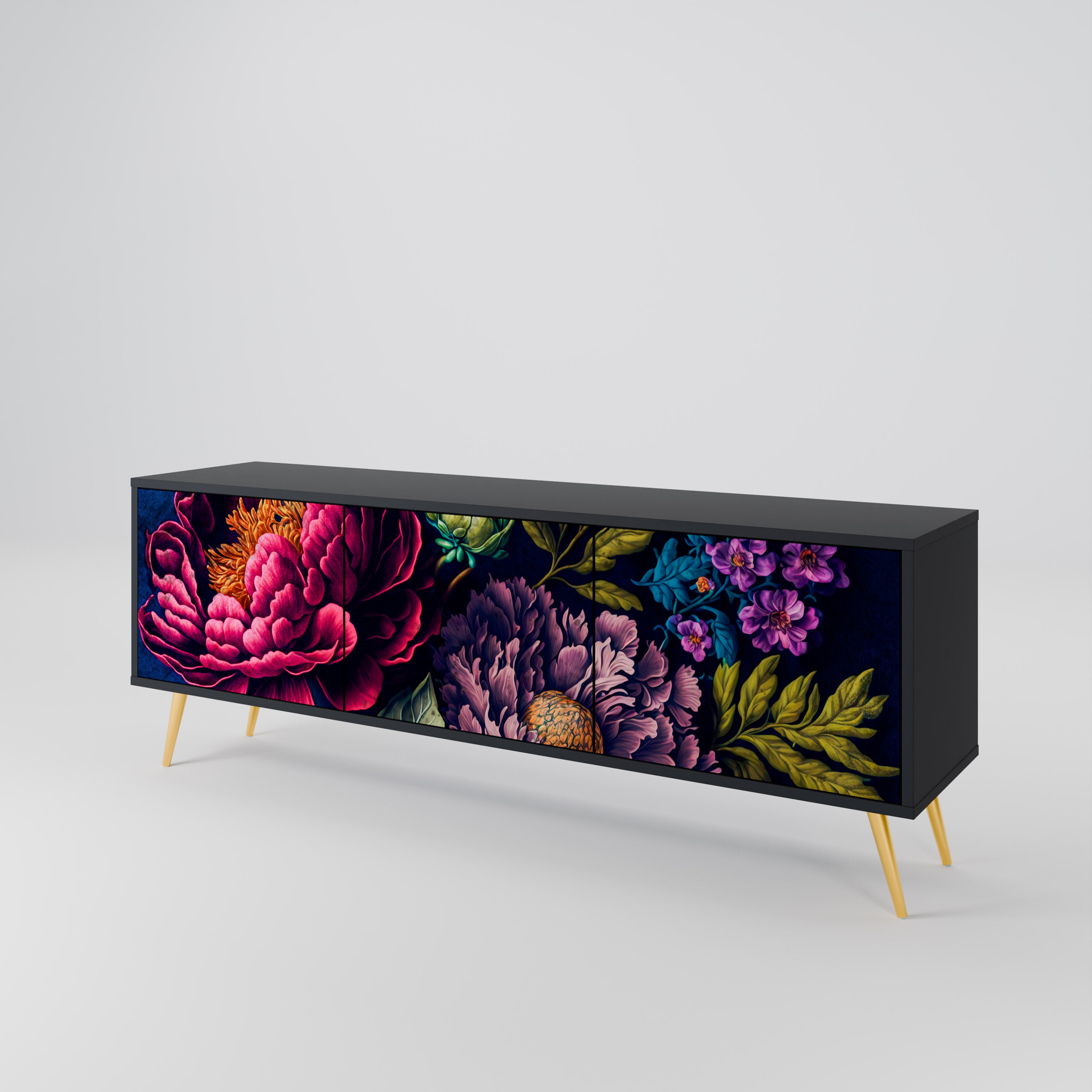 BLOOMING ELEGANCE 3-Door TV Stand in Black Finish