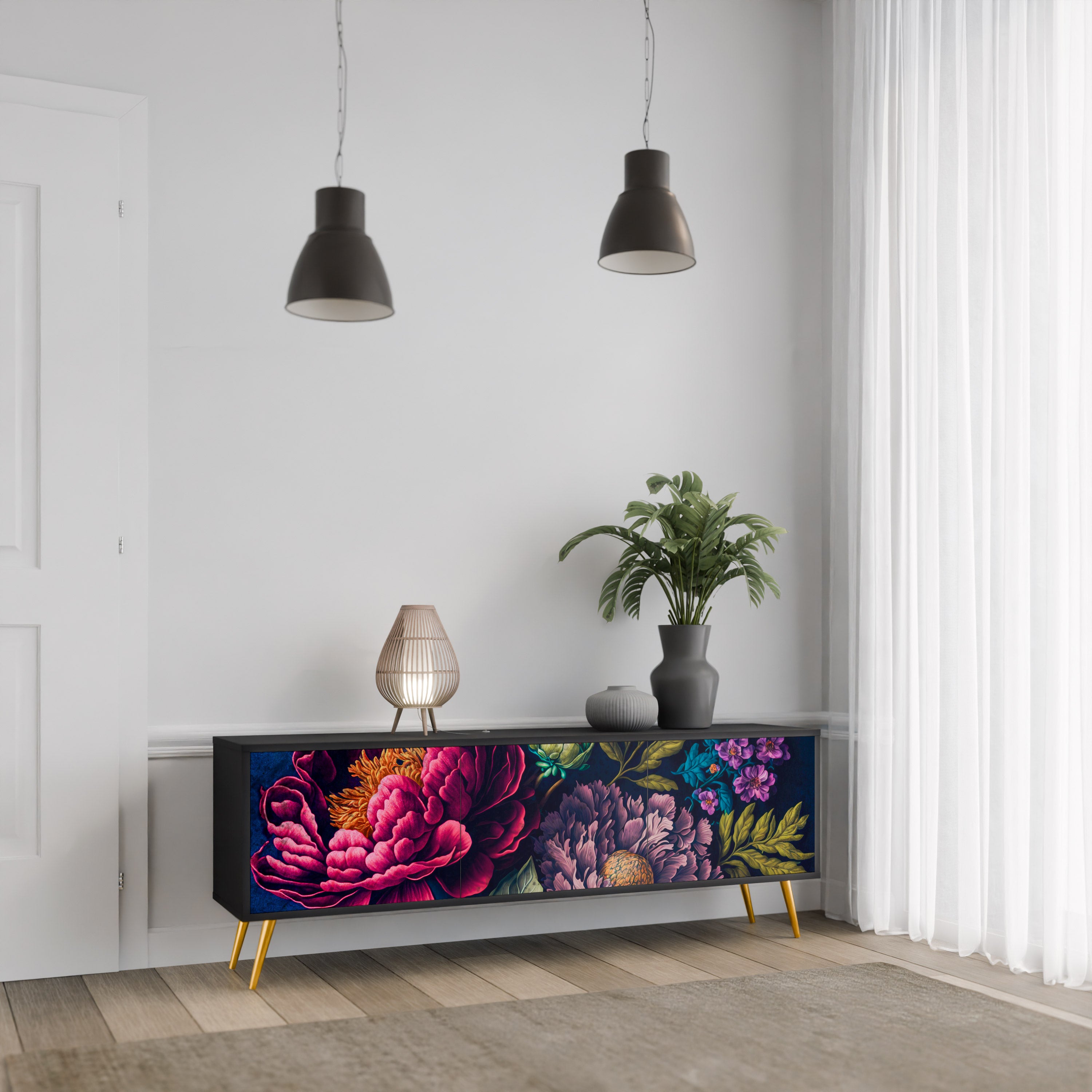 BLOOMING ELEGANCE 3-Door TV Stand in Black Finish