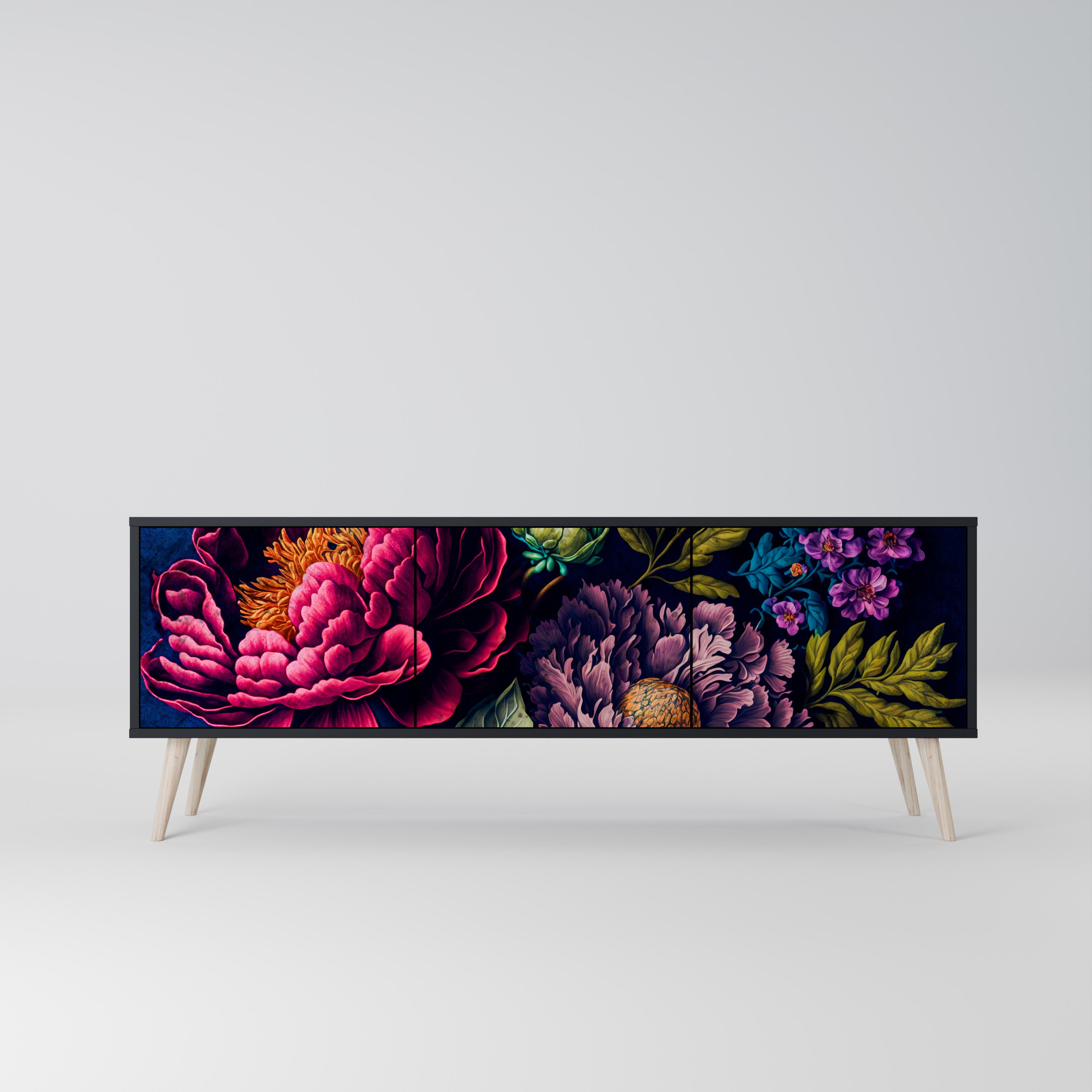 BLOOMING ELEGANCE 3-Door TV Stand in Black Finish