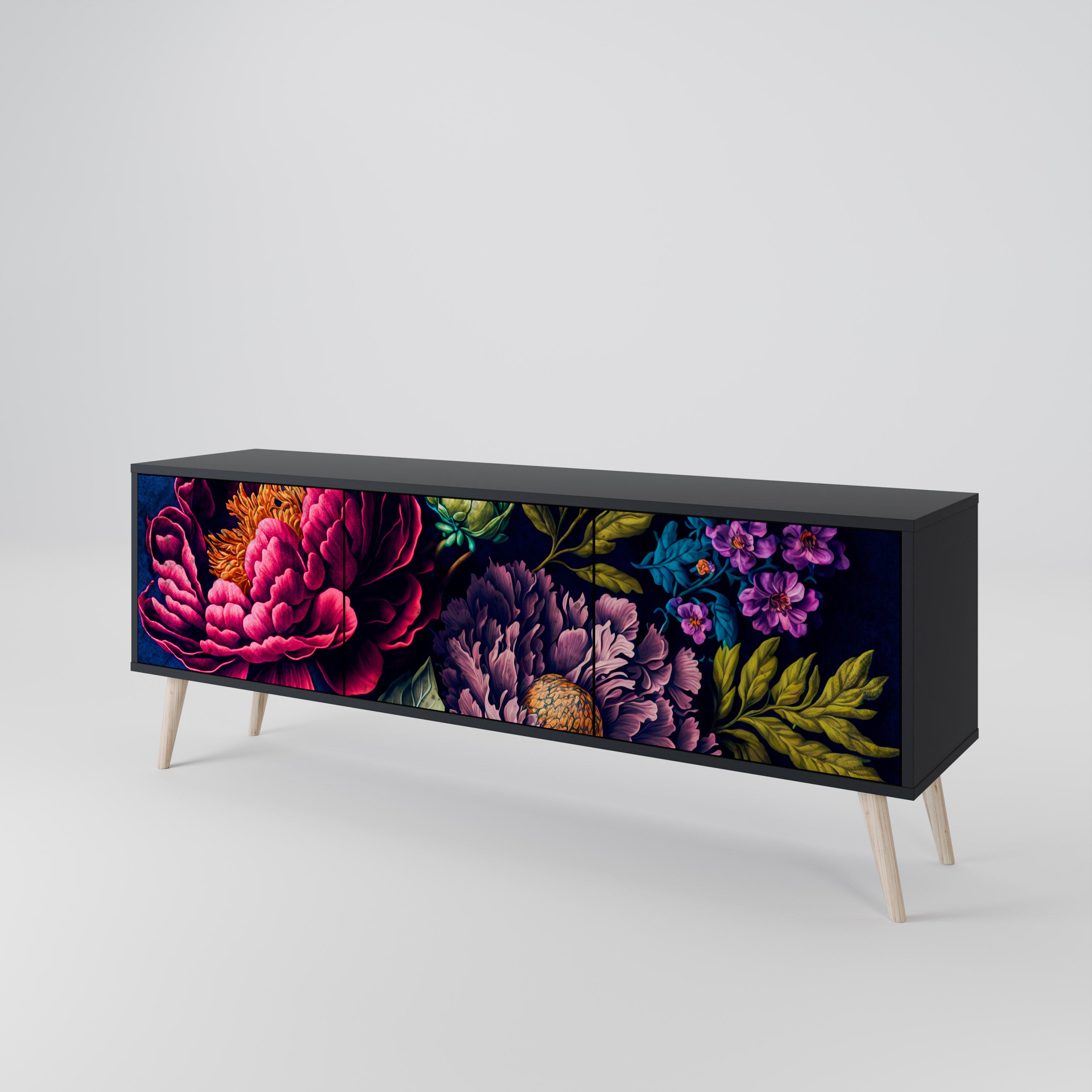 BLOOMING ELEGANCE 3-Door TV Stand in Black Finish