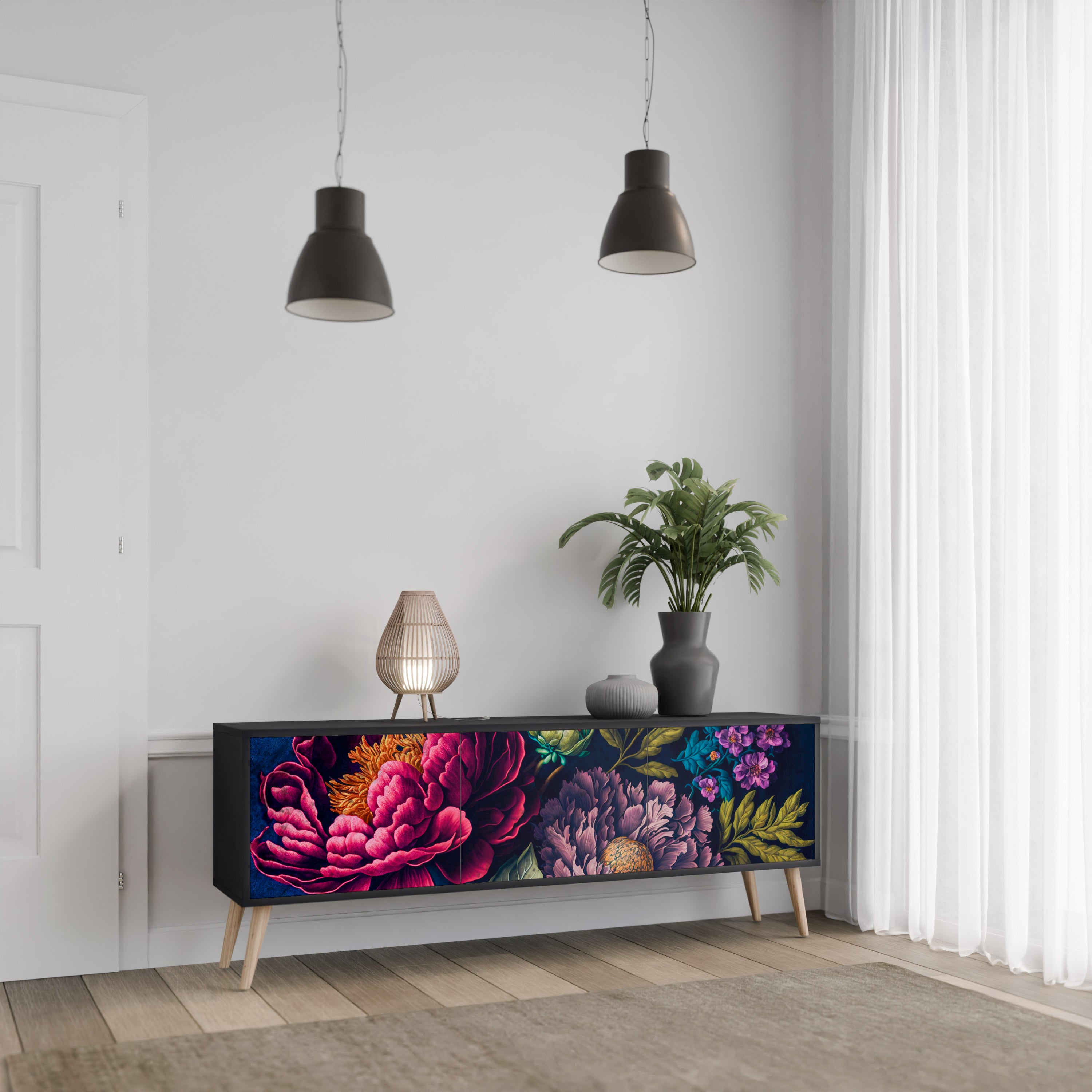BLOOMING ELEGANCE 3-Door TV Stand in Black Finish