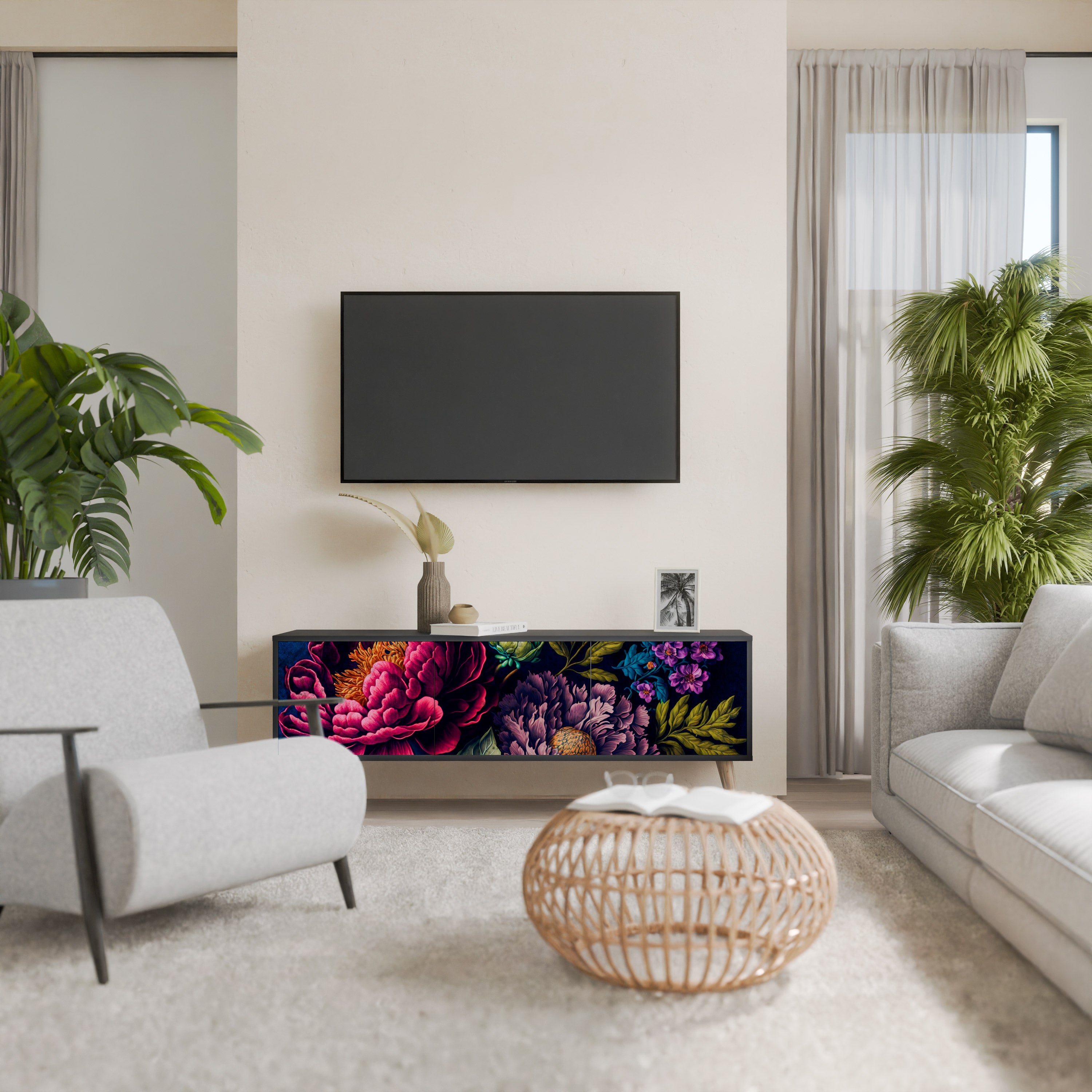 BLOOMING ELEGANCE 3-Door TV Stand in Black Finish