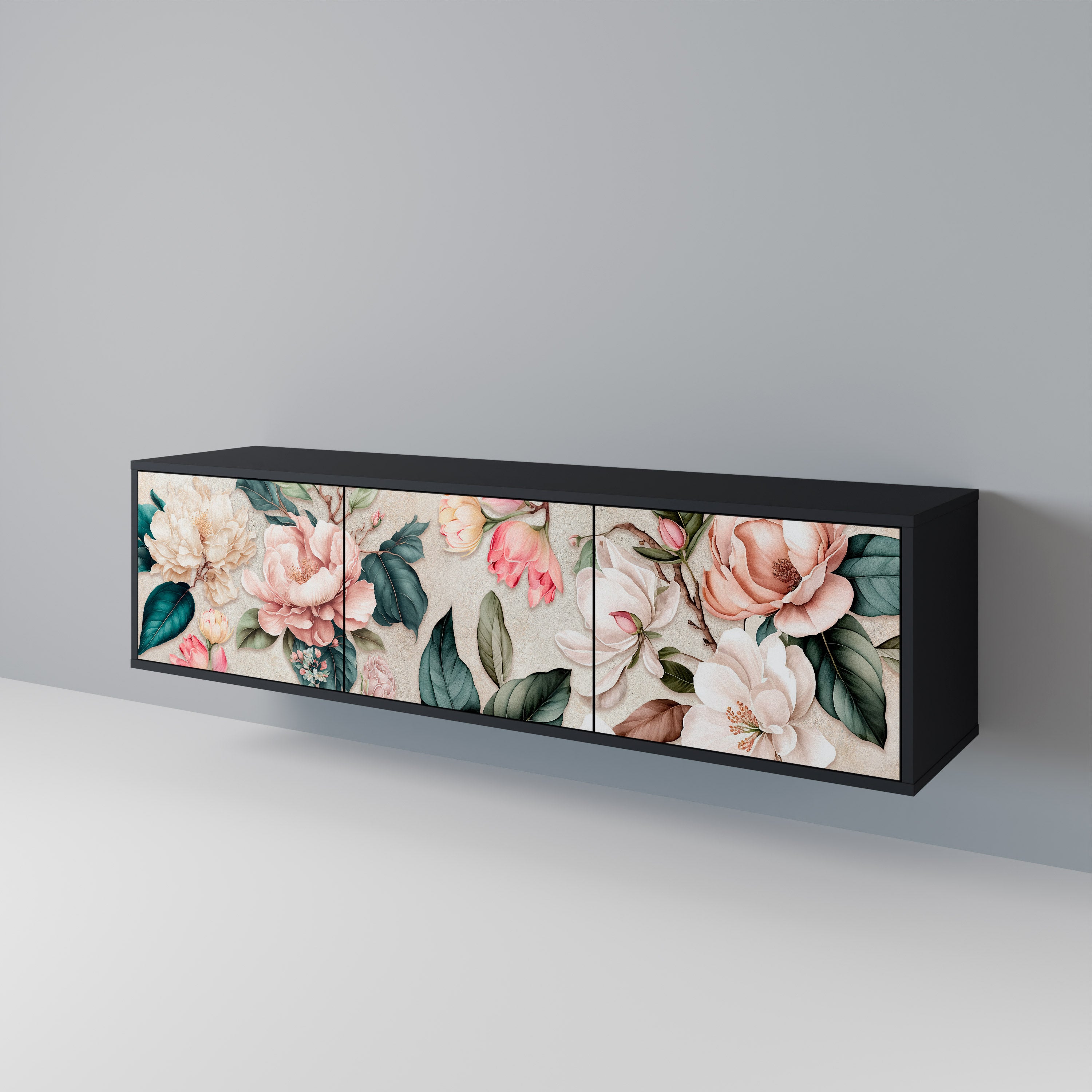 FLORAL GRACE 3-Door TV Stand in Black Finish