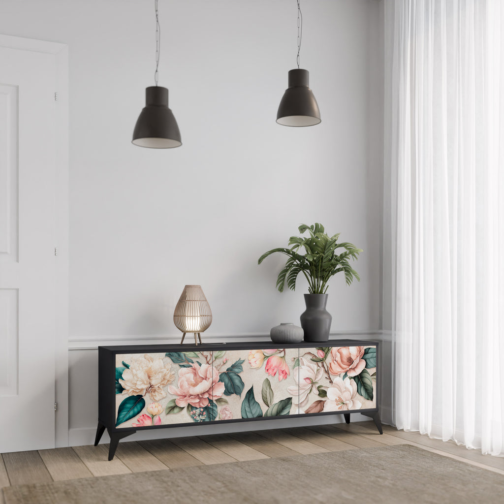 FLORAL GRACE 3-Door TV Stand in Black Finish