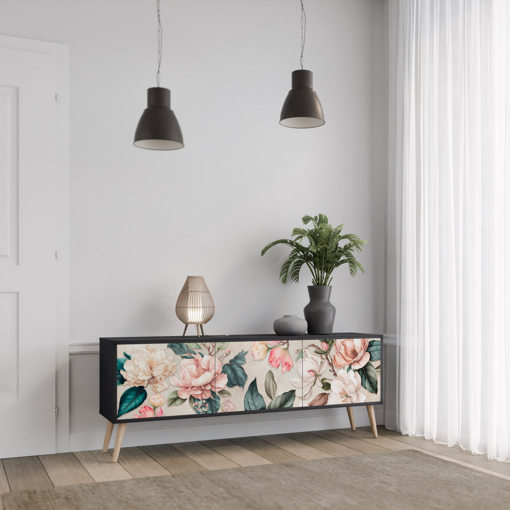 FLORAL GRACE 3-Door TV Stand in Black Finish