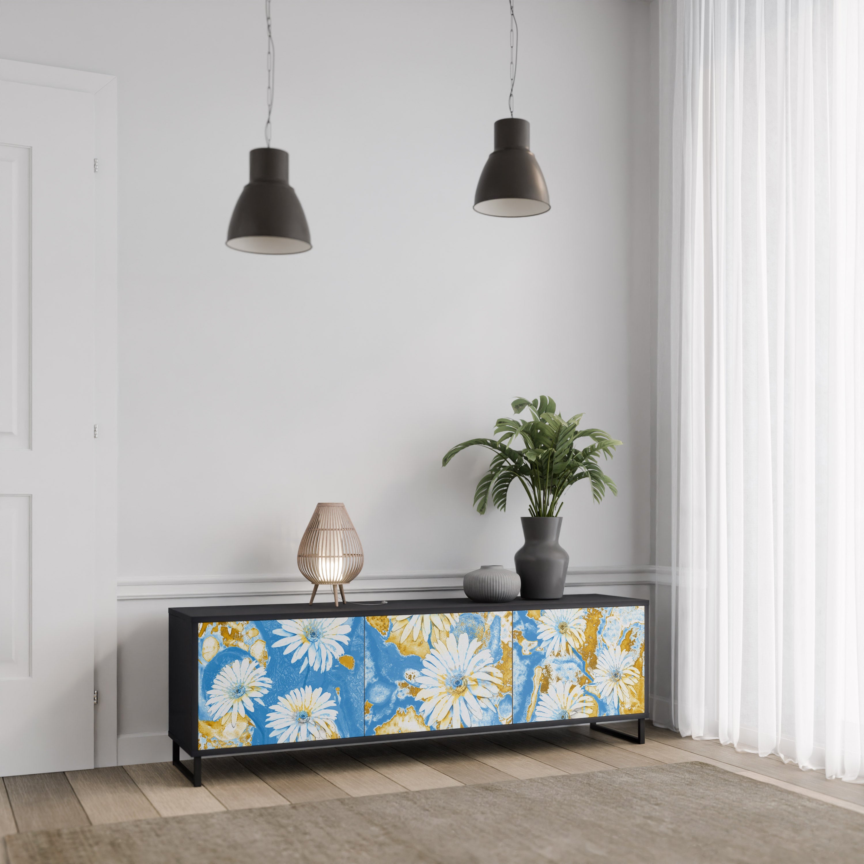 DAISY LUXE 3-Door TV Stand in Black Finish