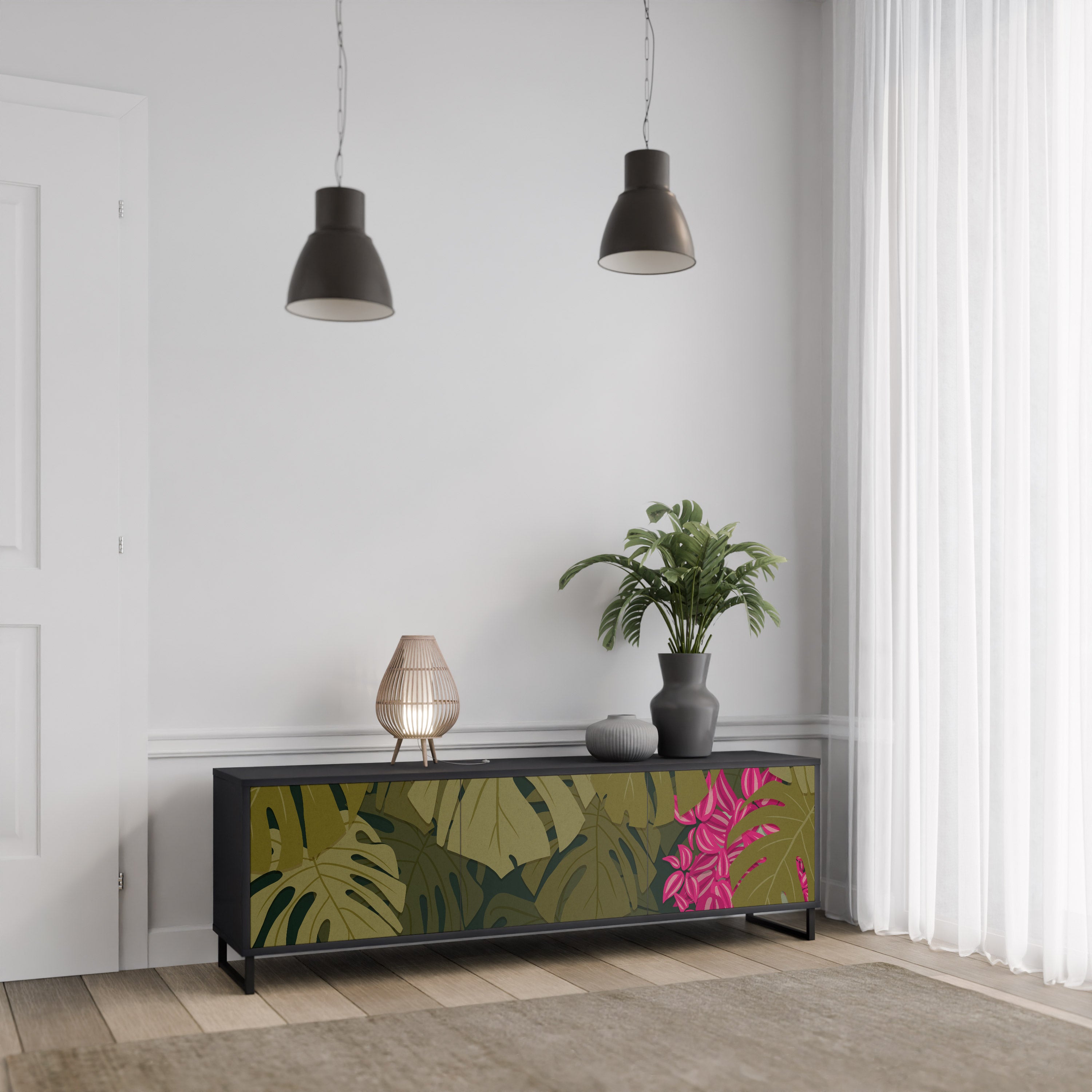 TROPICAL BEAUTY 3-Door TV Stand in Black Finish