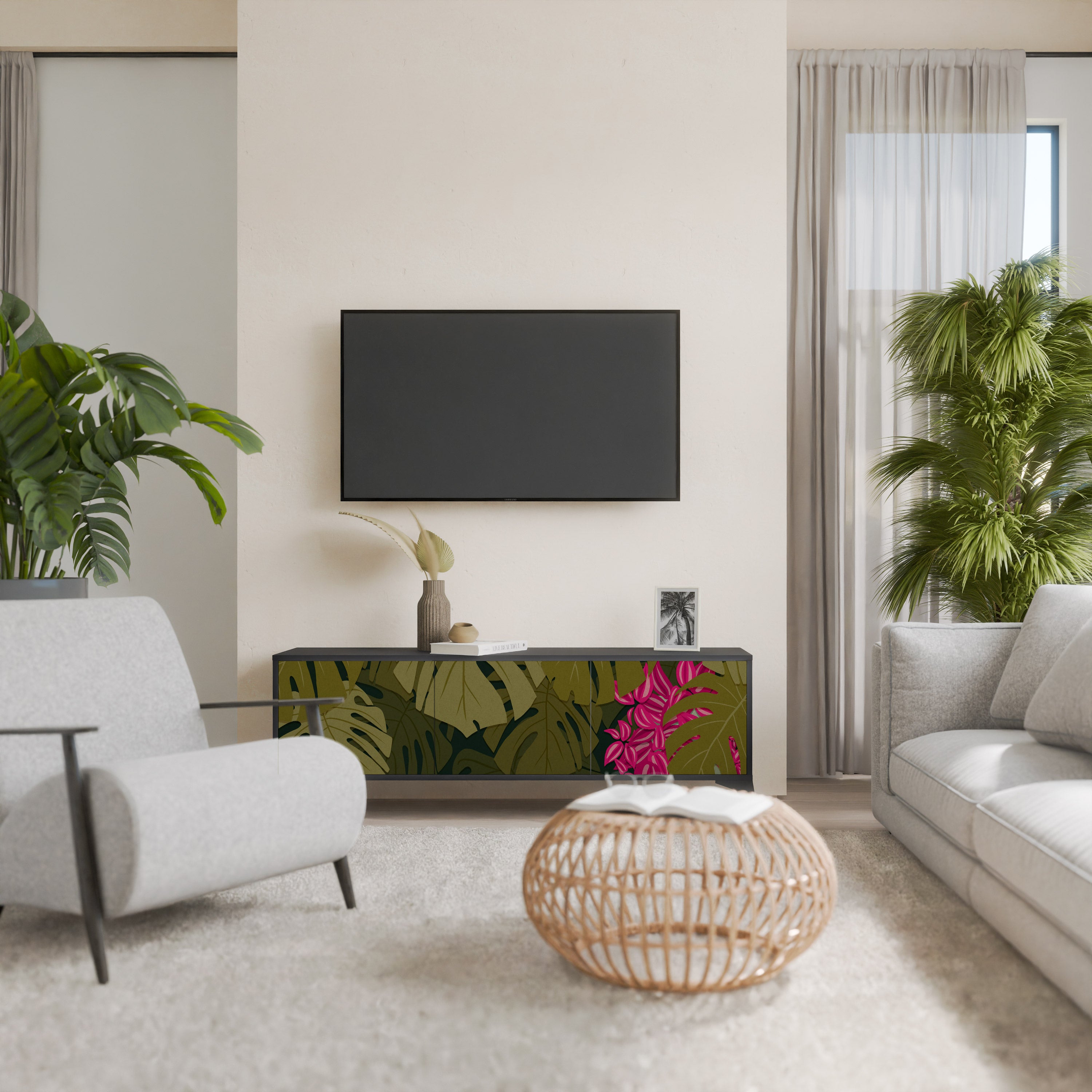 TROPICAL BEAUTY 3-Door TV Stand in Black Finish