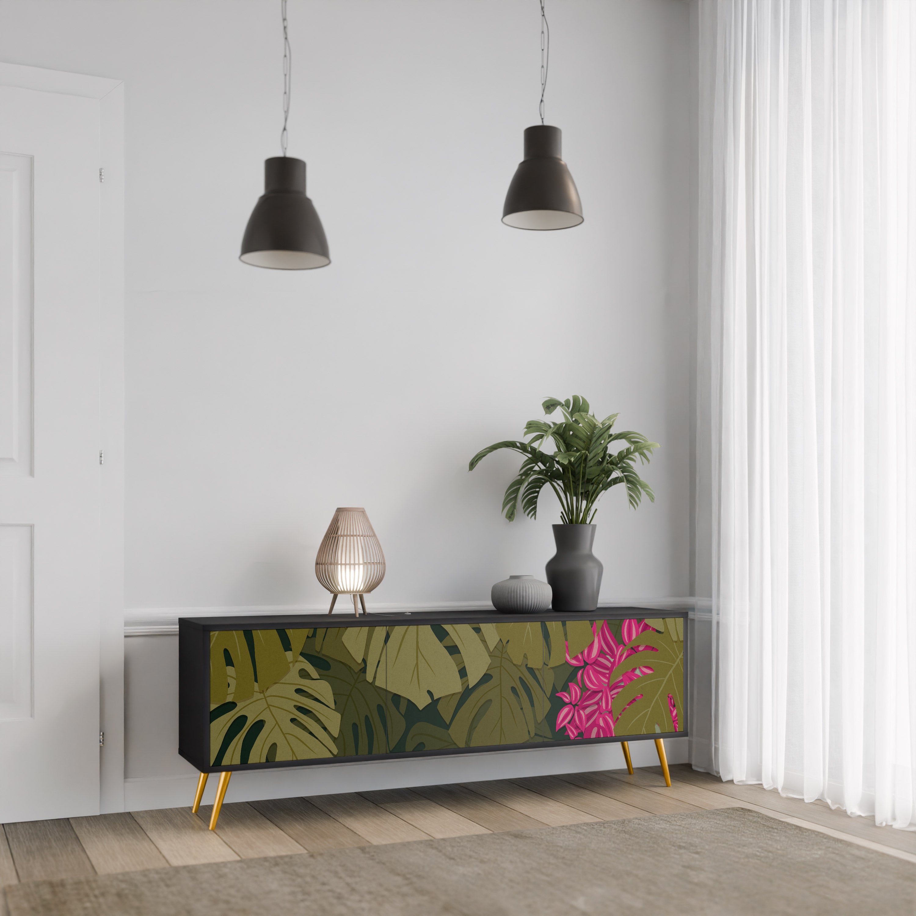 TROPICAL BEAUTY 3-Door TV Stand in Black Finish